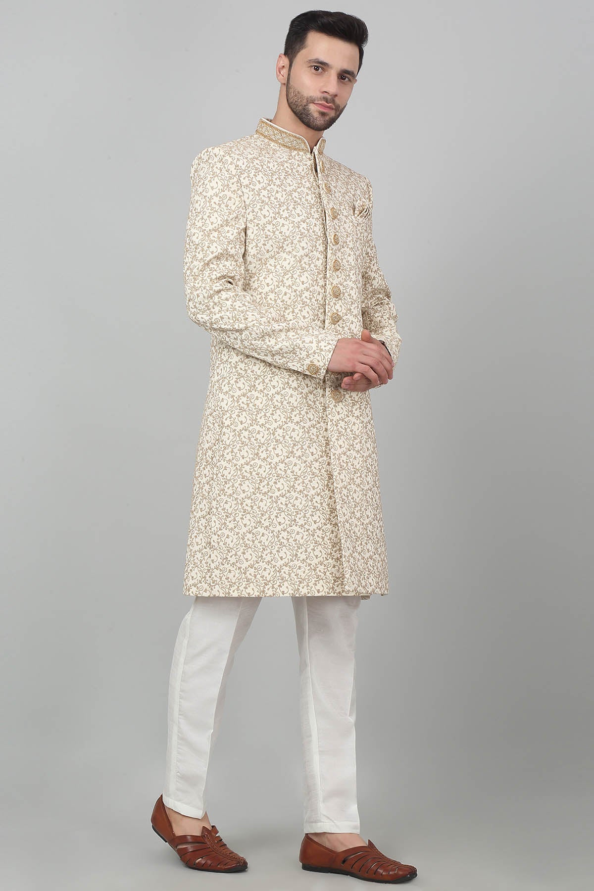 Ivory Floral Zardozi Sherwani Set