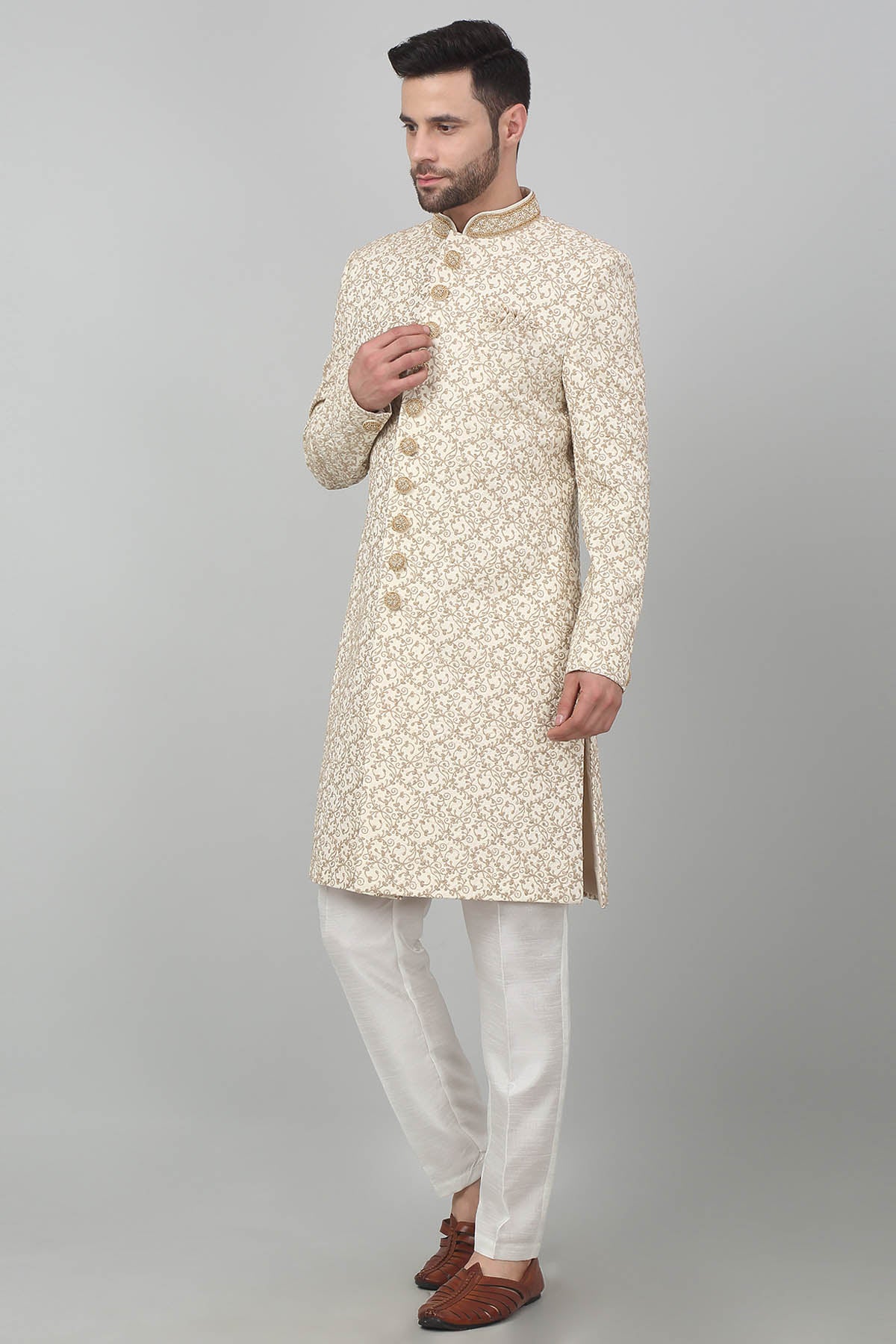 Ivory Floral Zardozi Sherwani Set