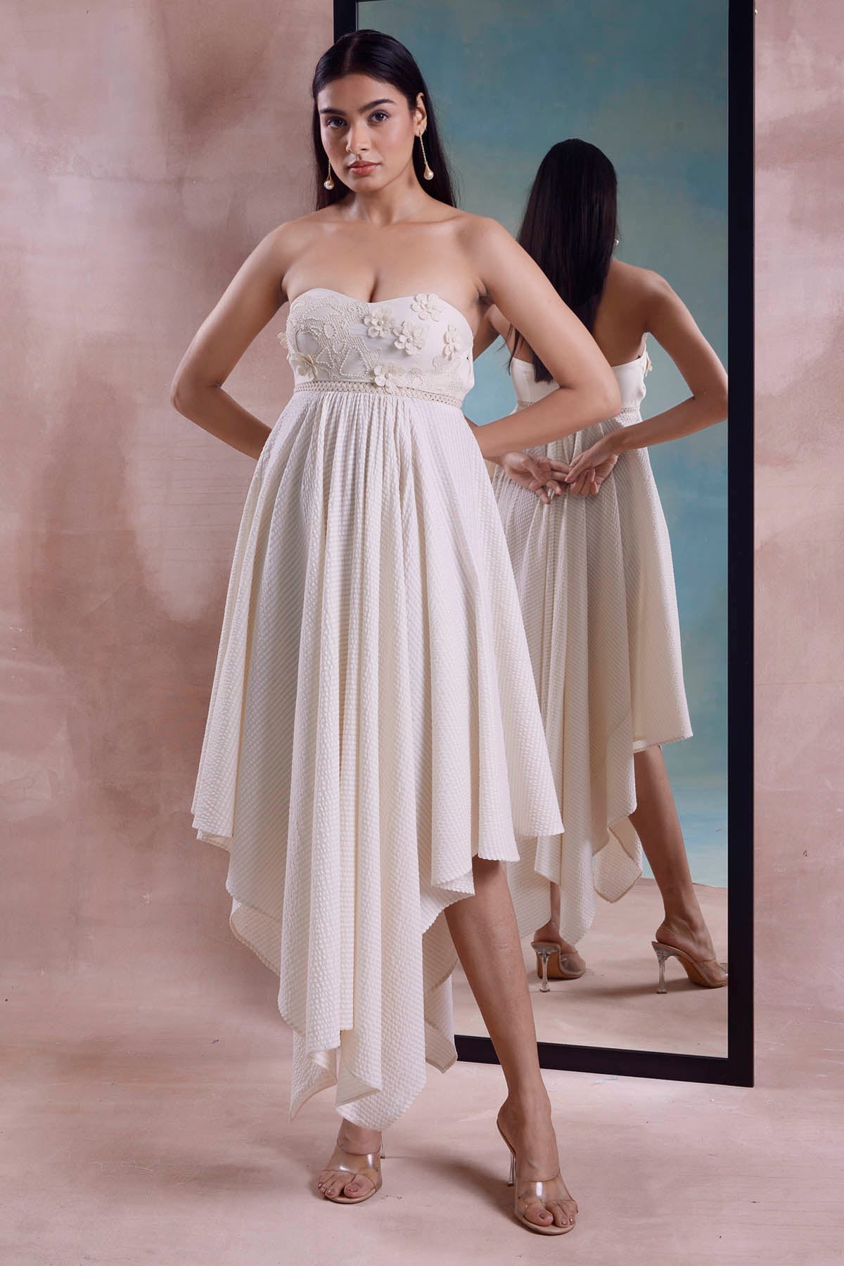 Buy Shwetanga Ivory Floret Handkerchief Dress For Women Available online at ScrollnShops