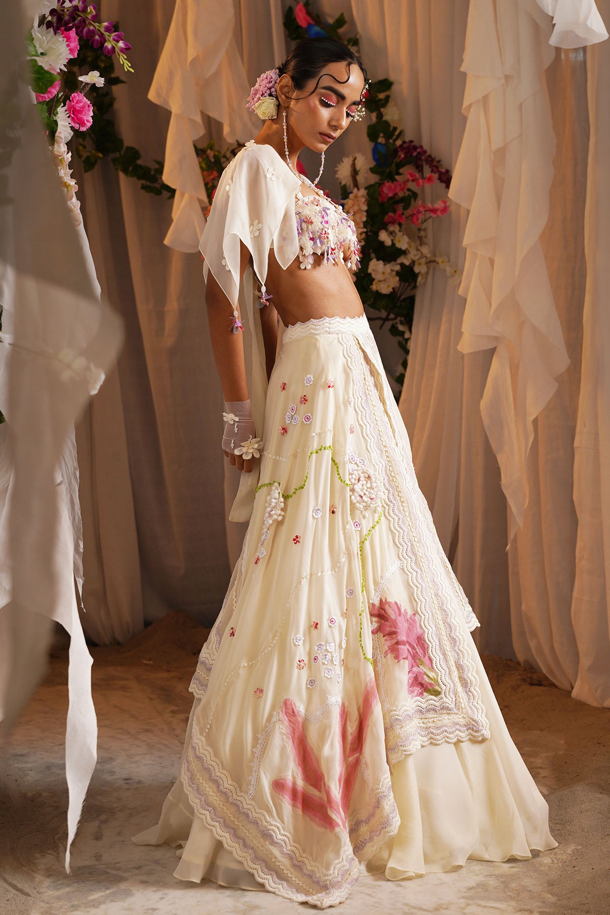 Ivory Floret Overlap Lehenga Set