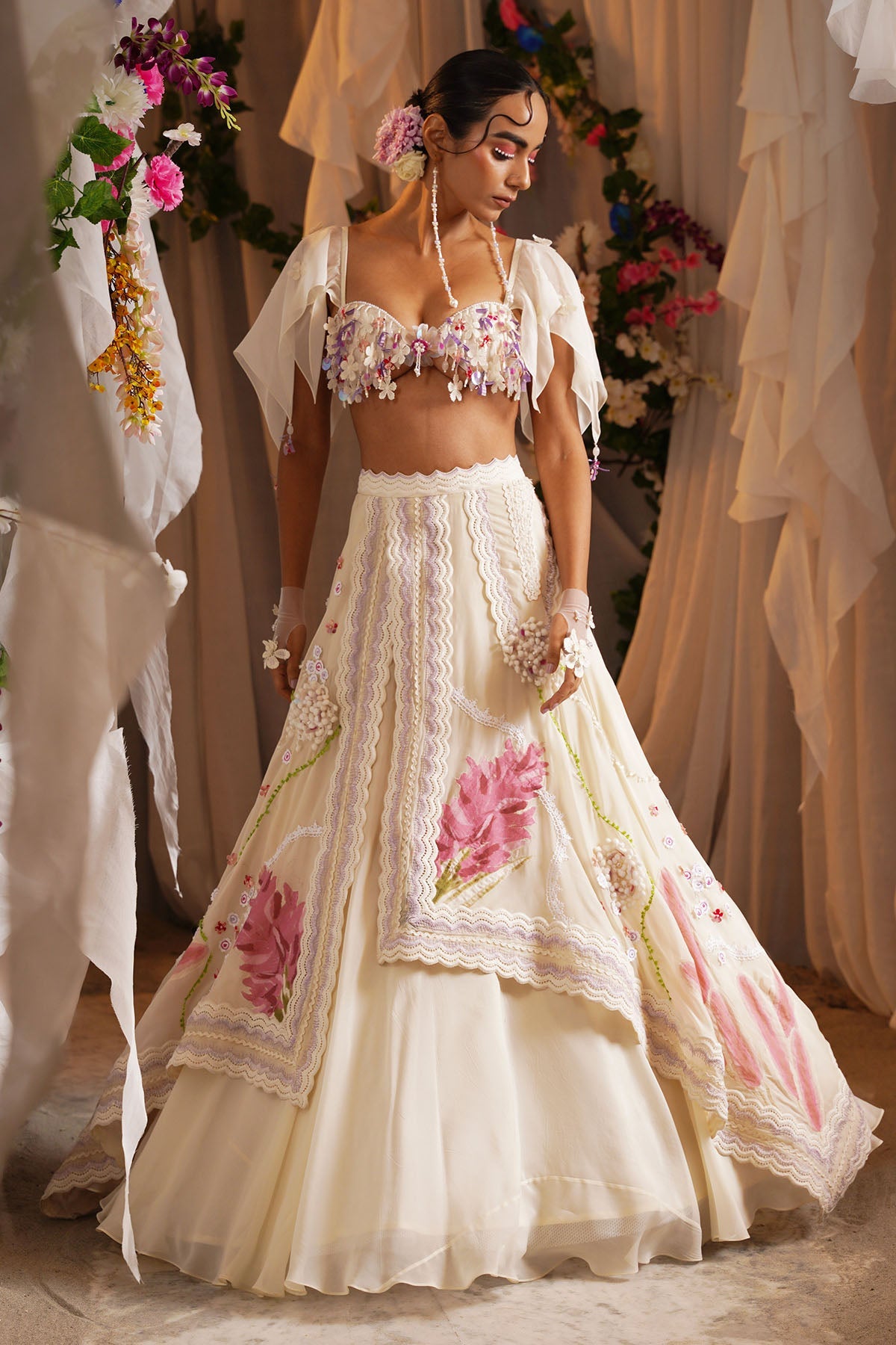 Buy Ivory Floret Overlap Lehenga Set by Shwetanga for women online at ScrollnShops