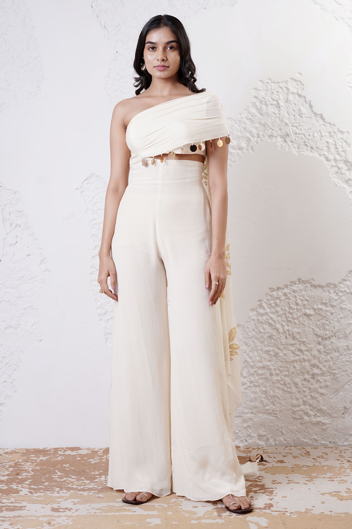 Ivory Foil Print Draped Jumpsuit