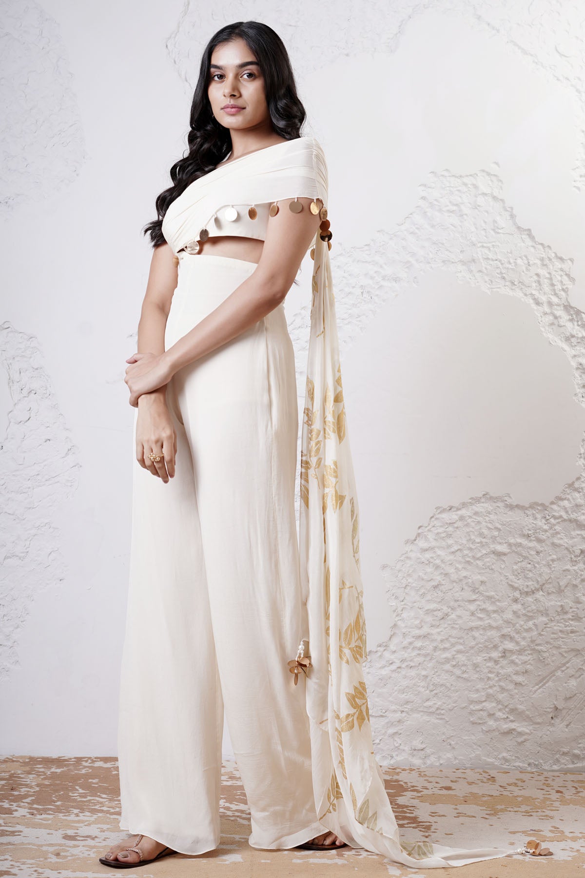 Ivory Foil Print Draped Jumpsuit