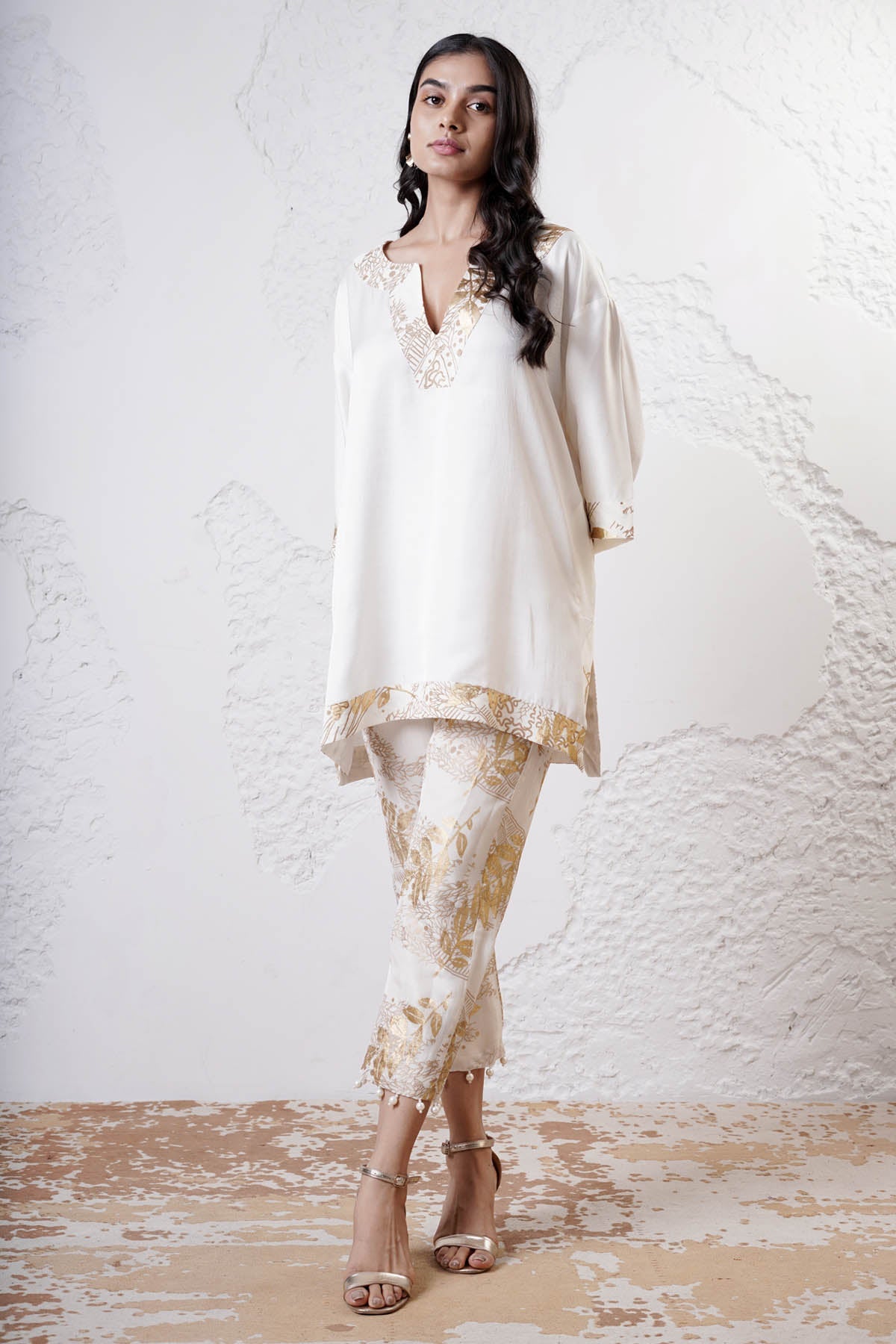 Shwetanga Ivory Foil Print Kaftan & Pants for women online at ScrollnShops