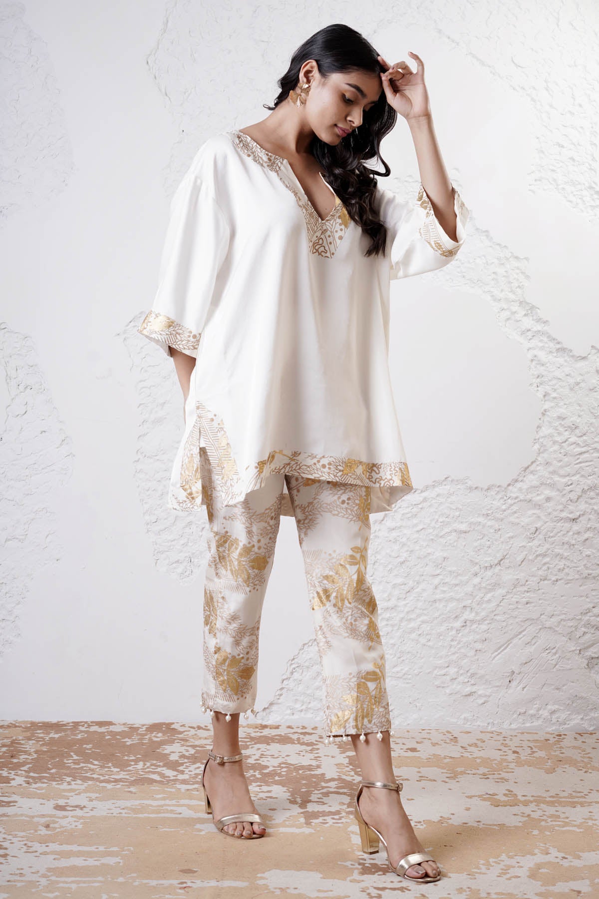 Ivory Foil Print Kaftan & Pants