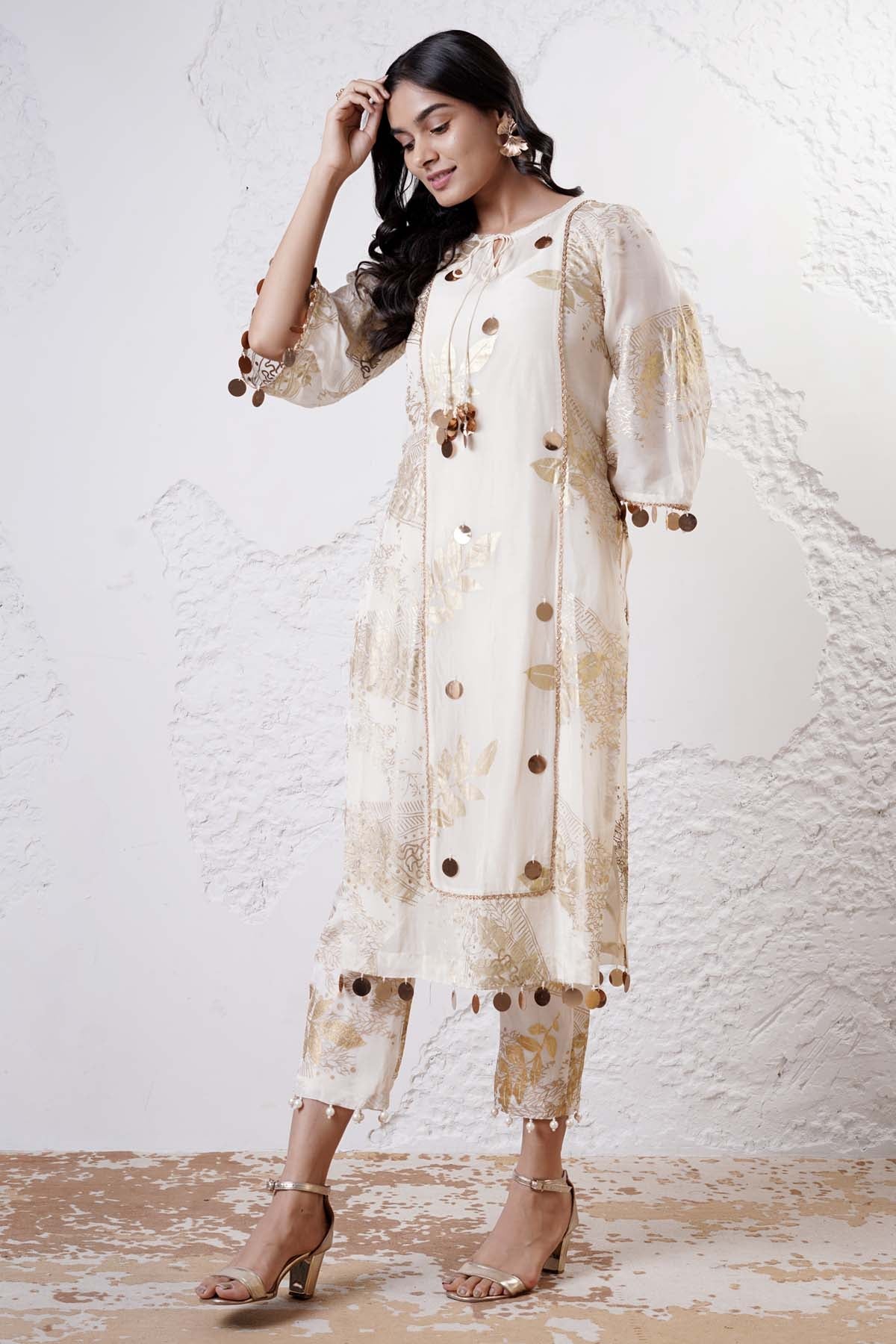 Shwetanga Ivory Foil Print Kurta & Pants for women online at ScrollnShops