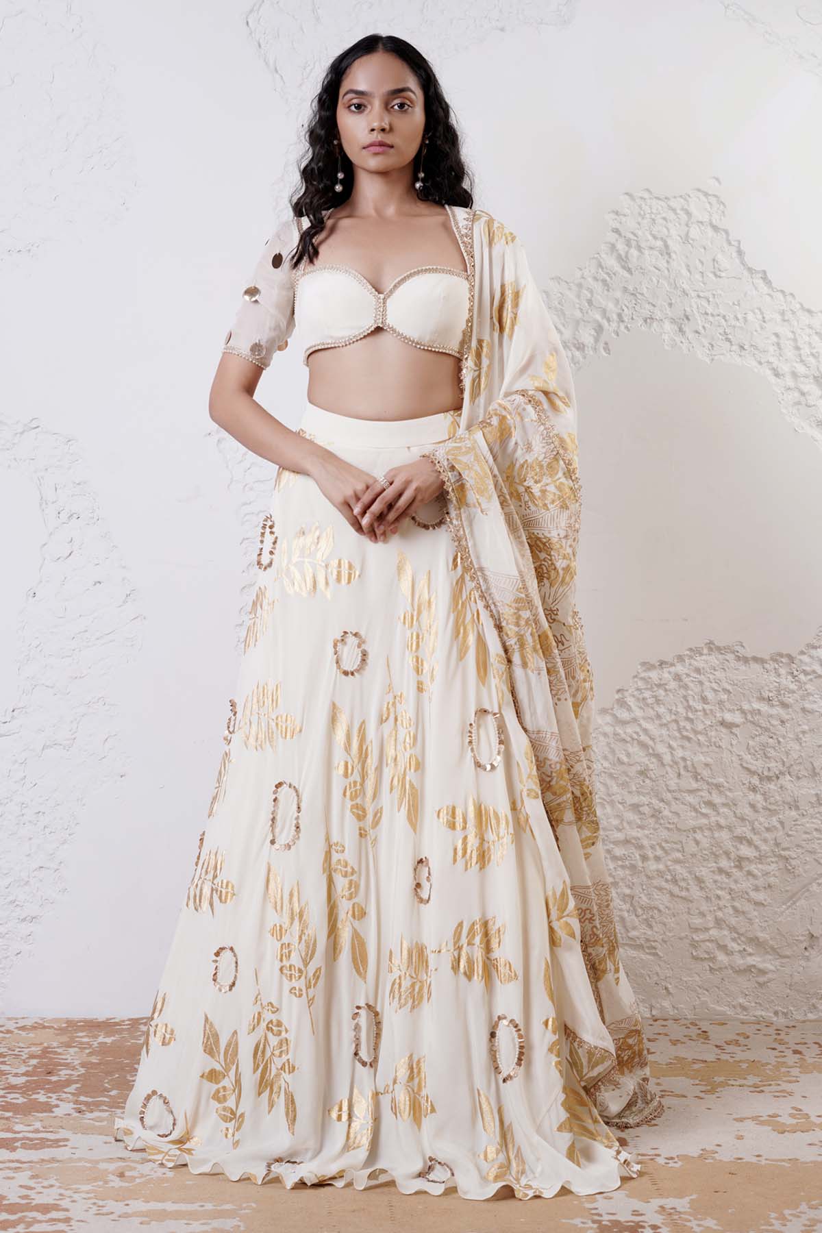 Shwetanga Ivory Foil Print Lehenga Set for women online at ScrollnShops