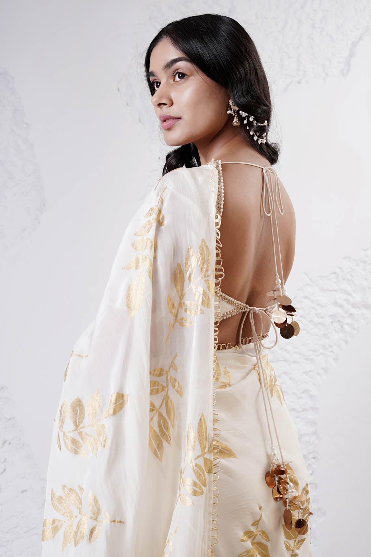 Ivory Foil Print Saree & Blouse