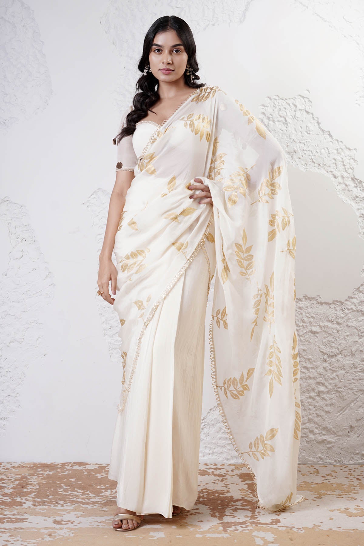 Shwetanga Ivory Foil Print Saree & Blouse for women online at ScrollnShops