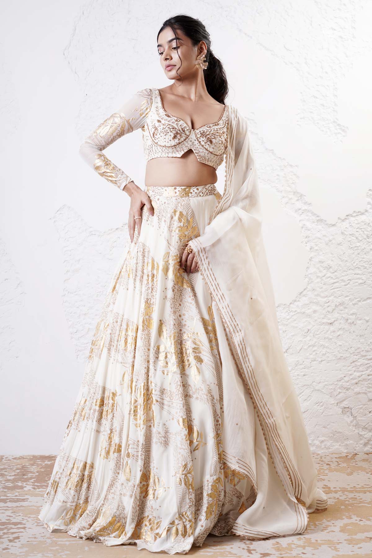 Shwetanga Ivory Foil Printed Lehenga Set for women online at ScrollnShops