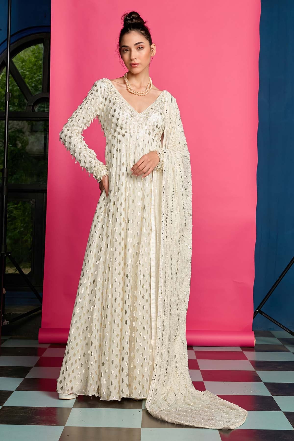 Priyanka Jain Ivory Georgette Anarkali Set for women online at ScrollnShops