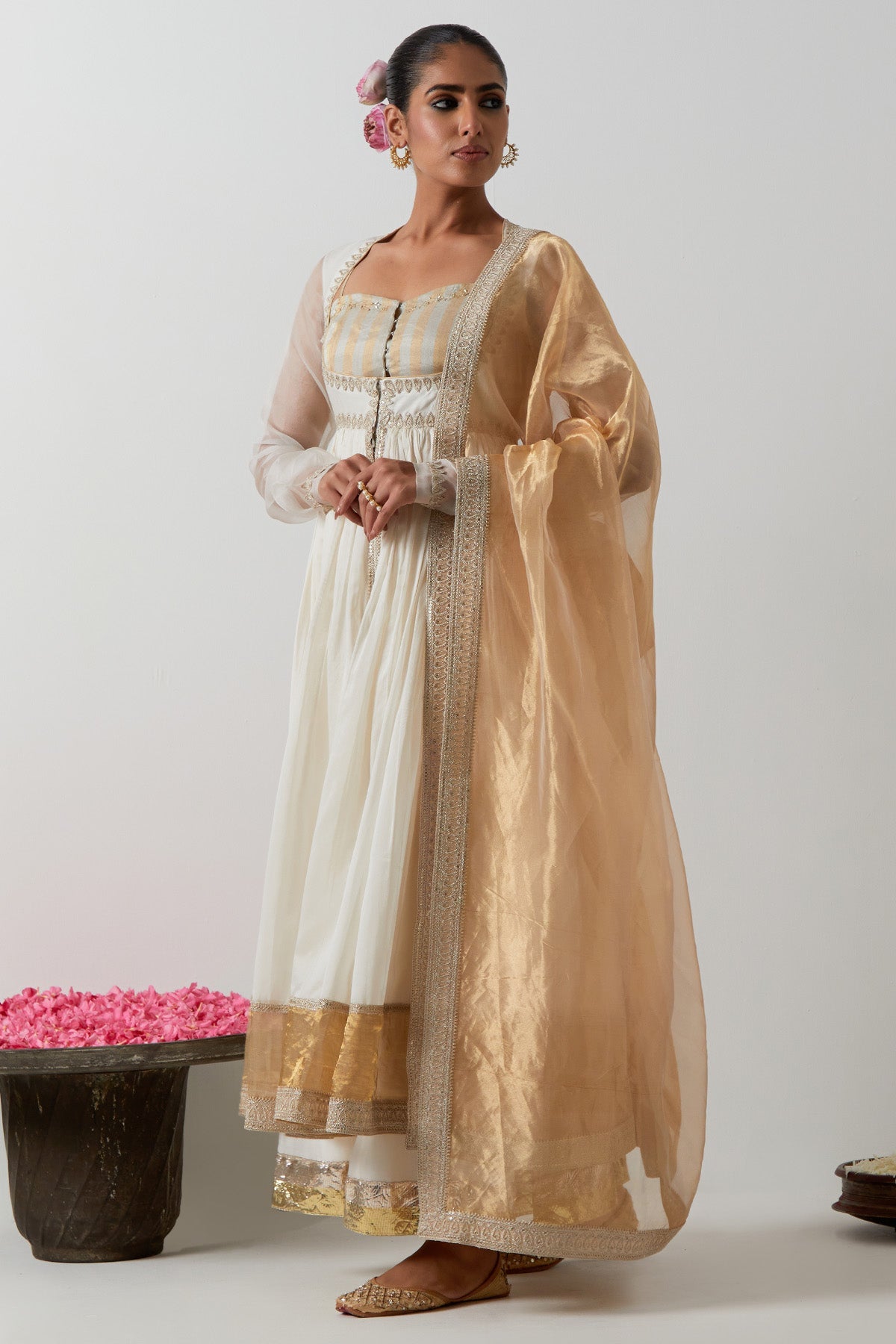 Buy Ivory Gold Chanderi Lehenga Set for women by Vinusto online available at scrollnshops
