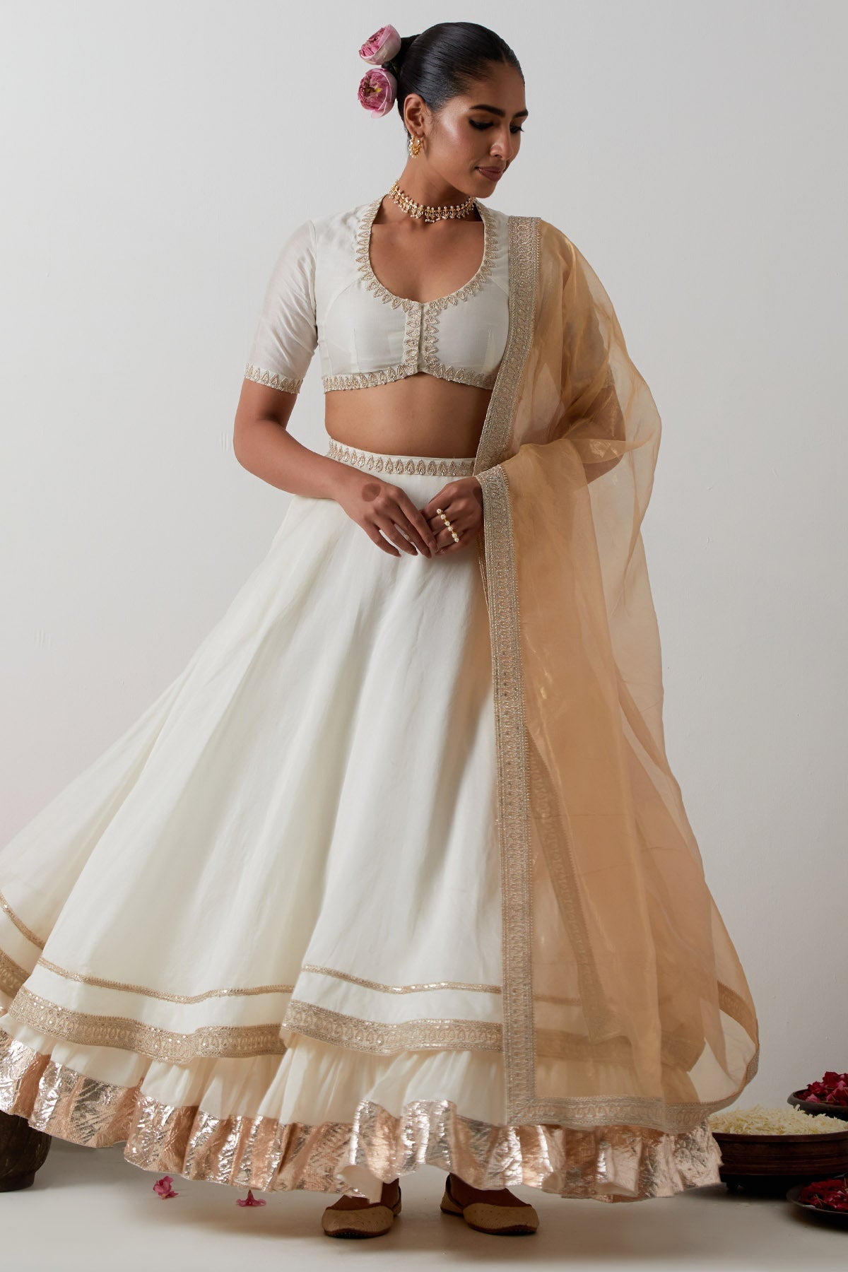 Buy Ivory Gold Layered Lehenga Set for women by Vinusto online available at scrollnshops
