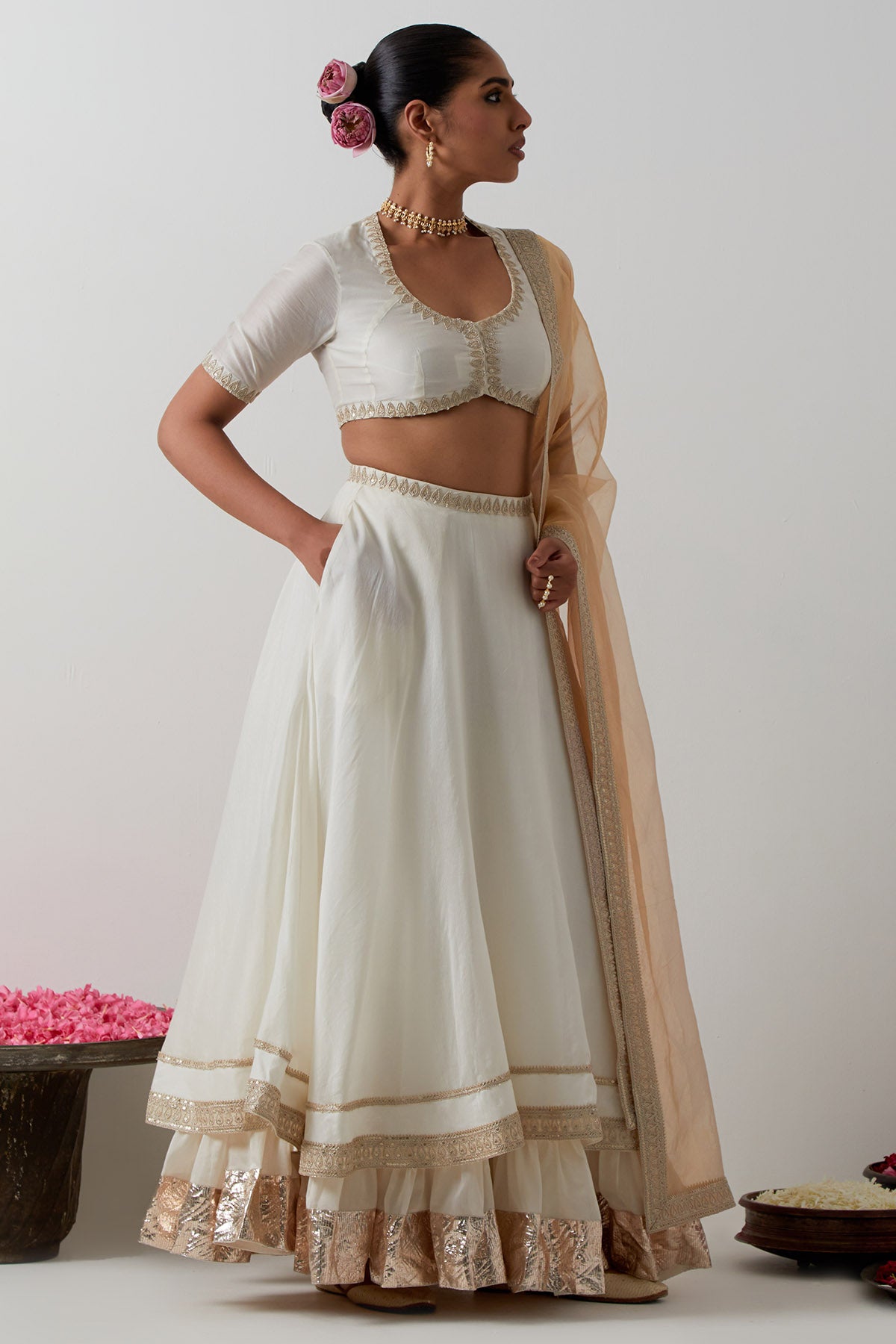Ivory Gold Layered Lehenga Set