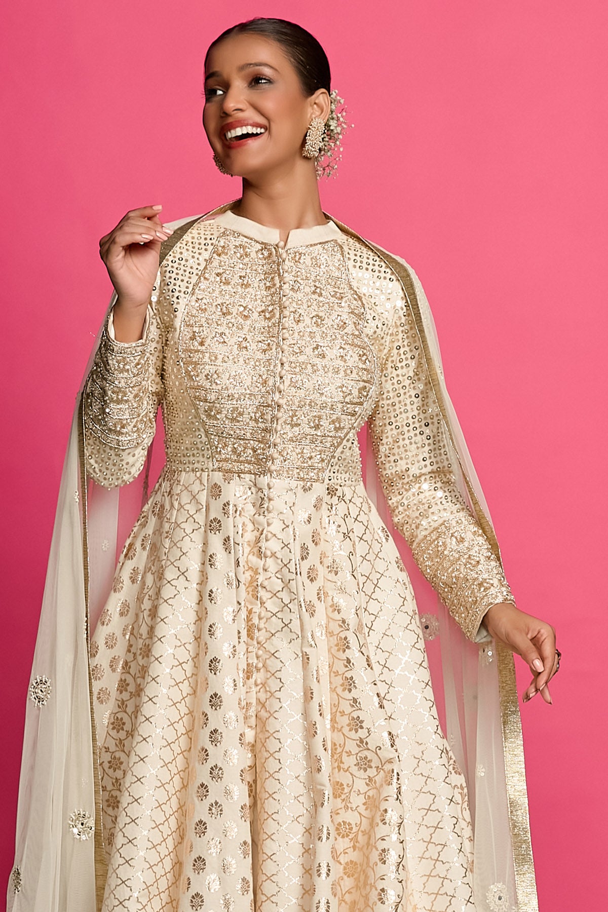 Ivory & Gold Pearl Anarkali Set
