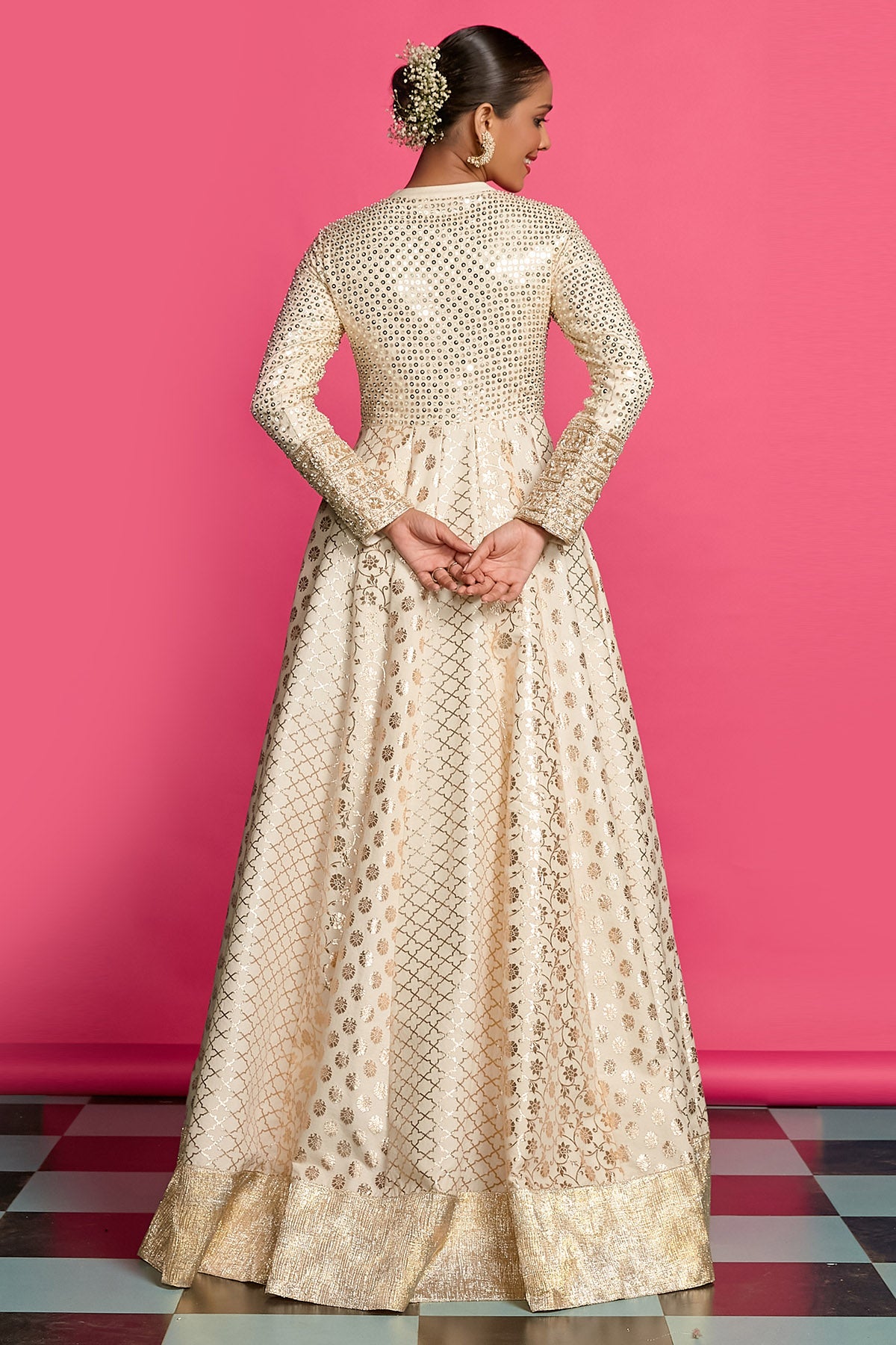Ivory & Gold Pearl Anarkali Set