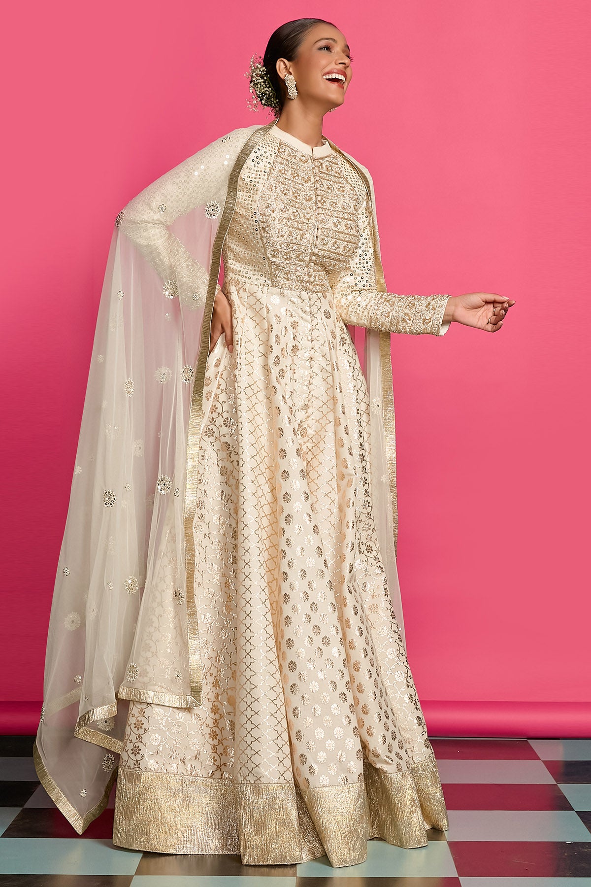 Ivory & Gold Pearl Anarkali Set