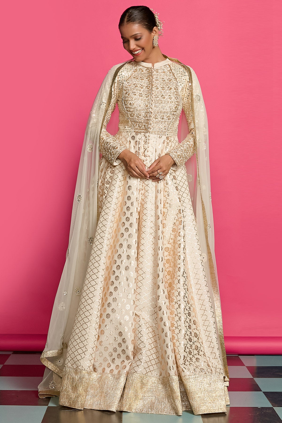Ivory & Gold Pearl Anarkali Set