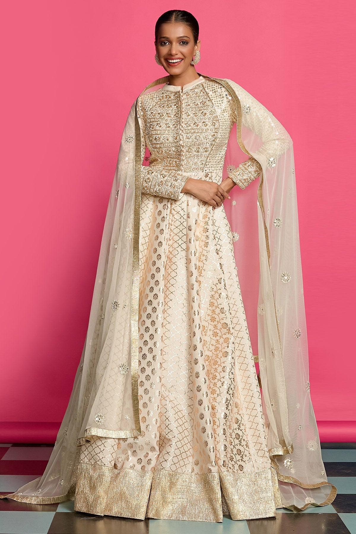 Buy Ivory & Gold Pearl Anarkali Set for women by Priyanka Jain online available at scrollnshops