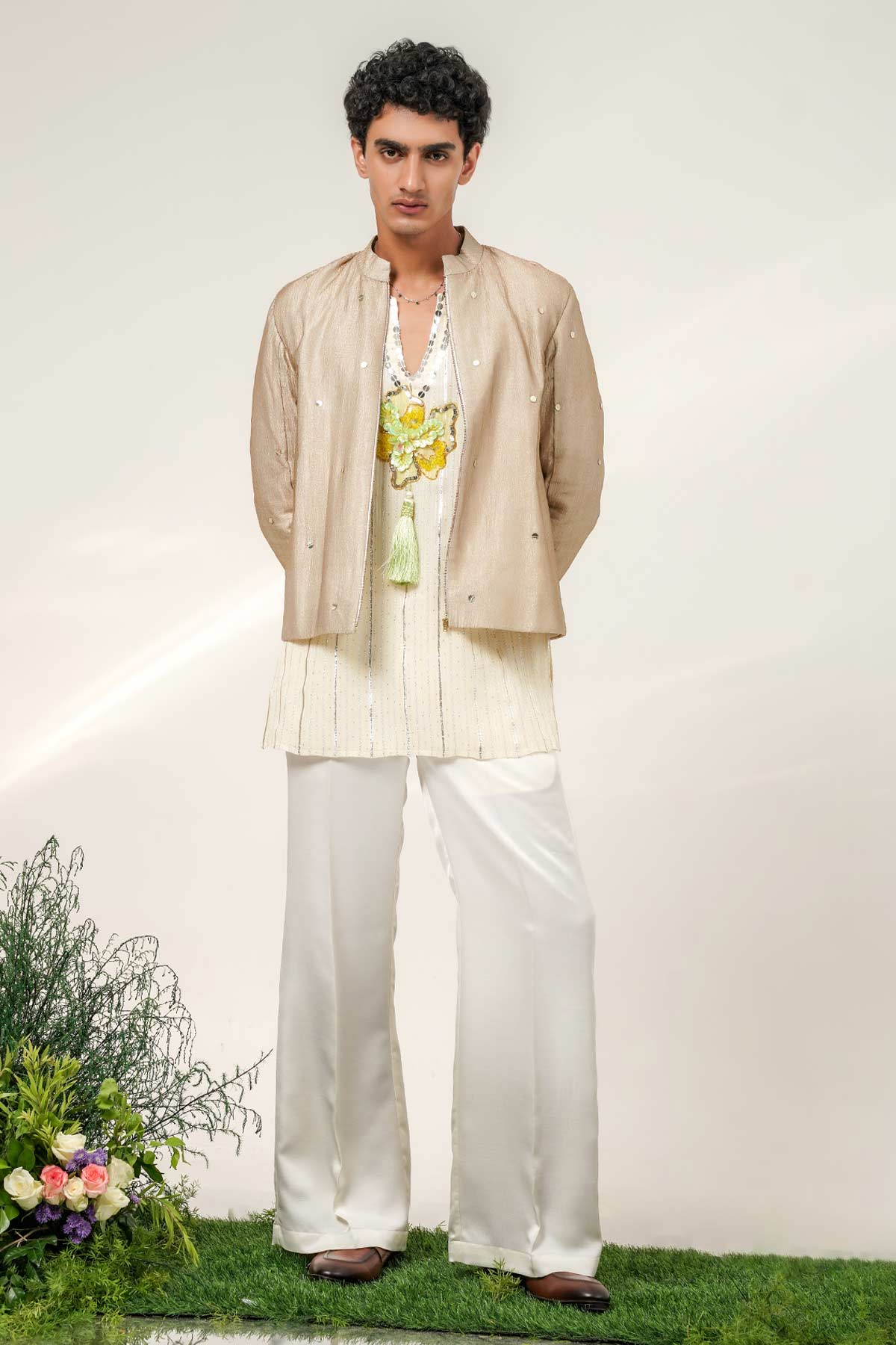 Buy Ivory & Gold Tissue Kurta Set for men by Shwetanga online available at scrollnshops