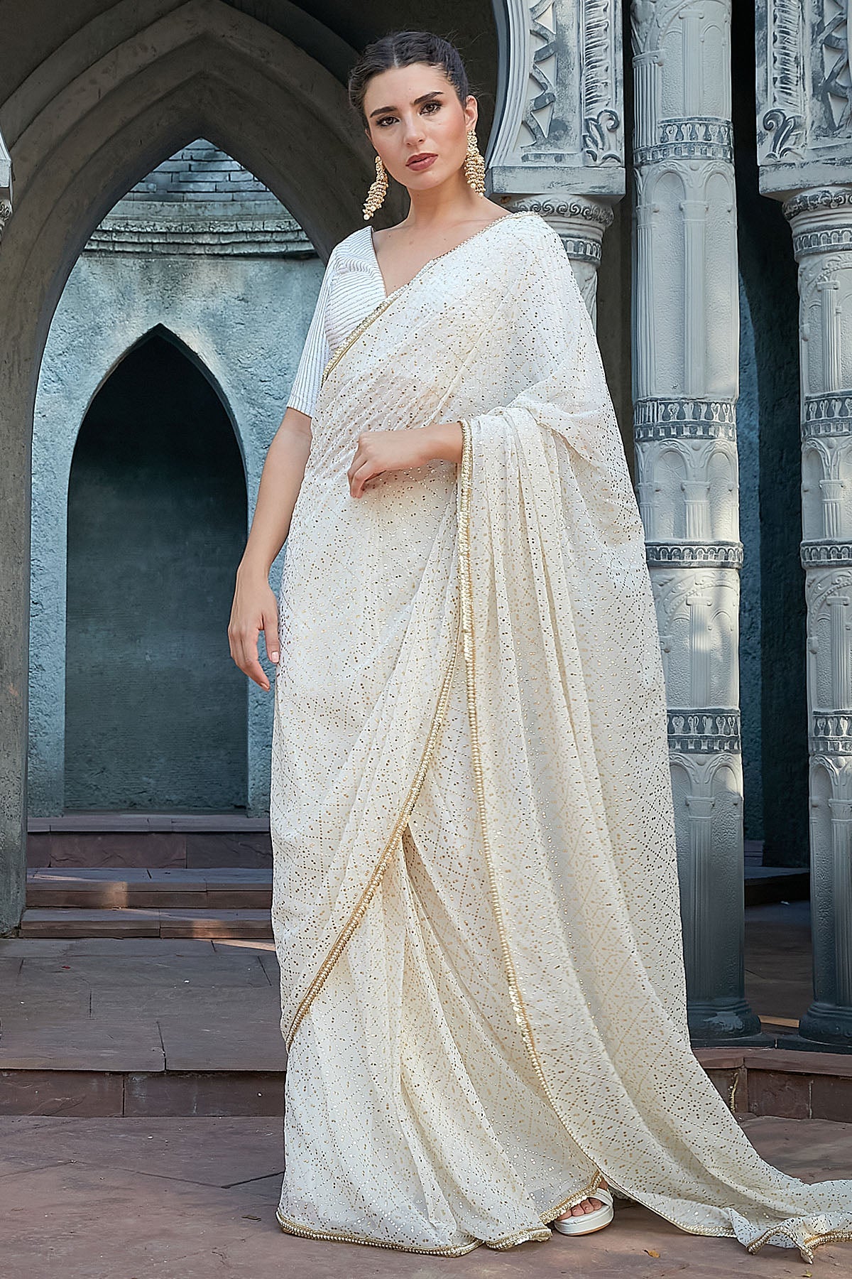 Buy Ivory Gota Detailing Saree Set for women by Priyanka Jain online available at scrollnshops