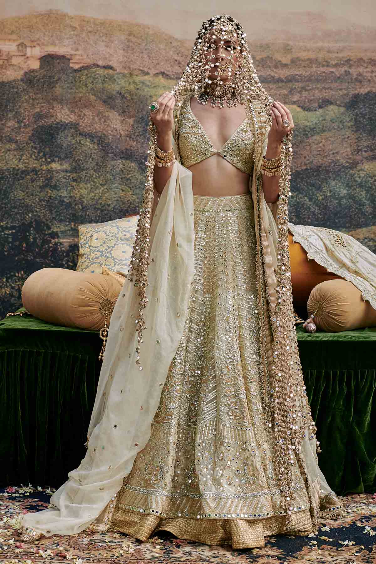 ITRH Ivory Gota Lehenga Set & Veil for women online at ScrollnShops