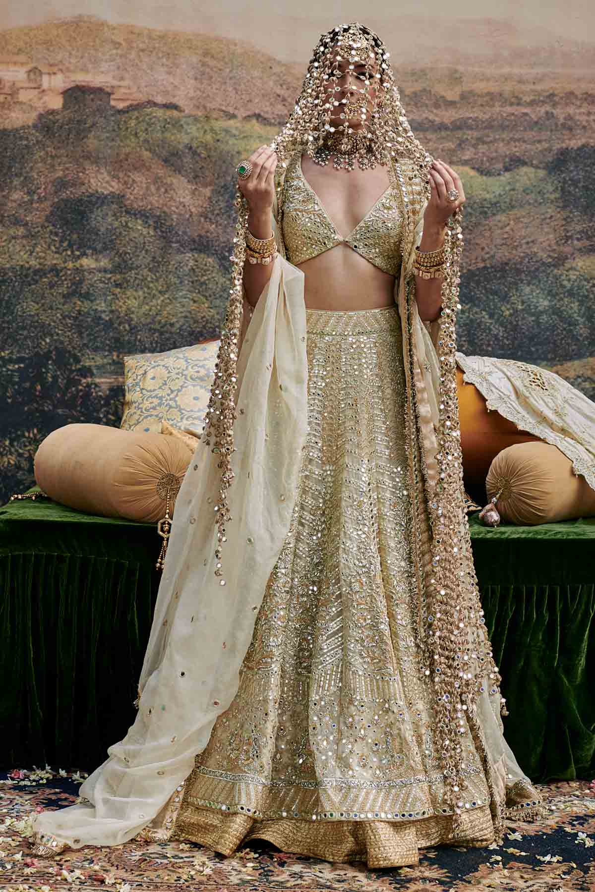 Buy ITRH, Designer Ivory Gota Lehenga Set & Veil Online