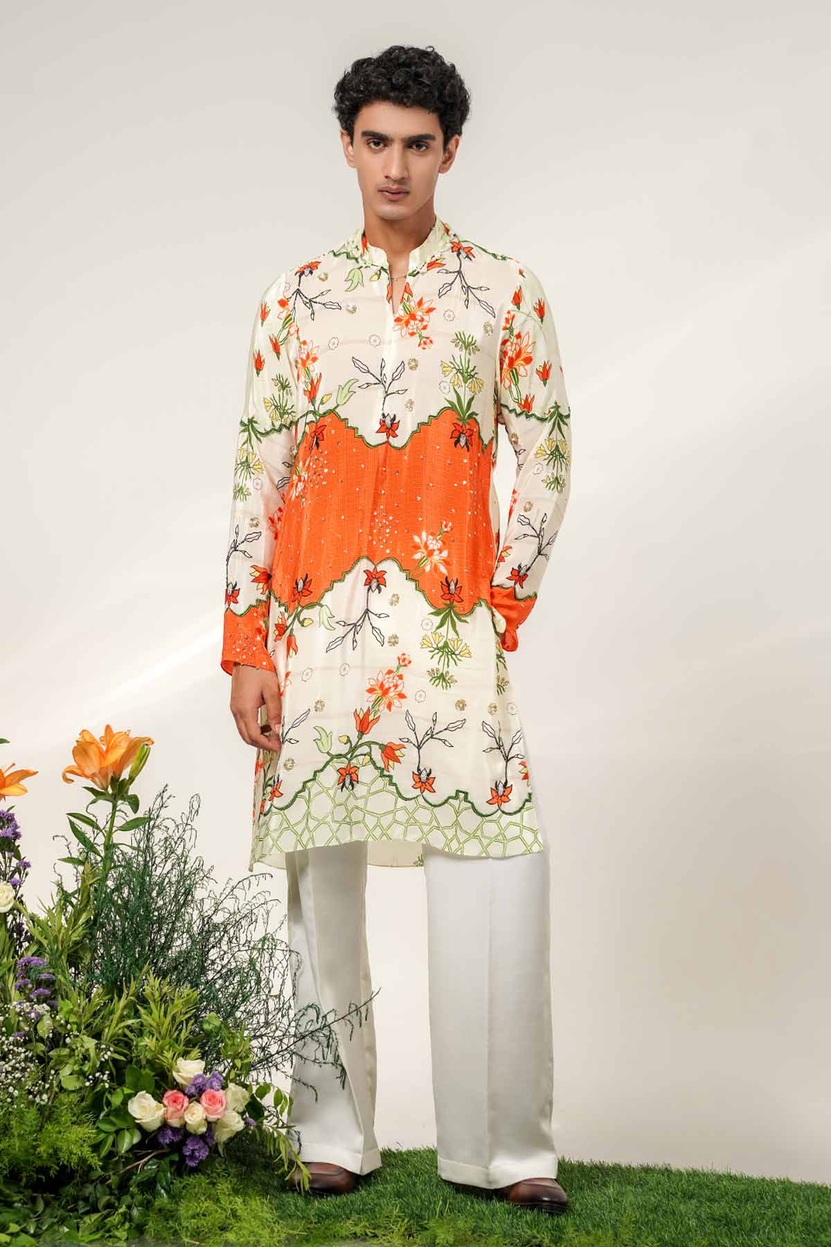 Buy Ivory Gul Printed Kurta & Pants for men by Shwetanga online available at scrollnshops