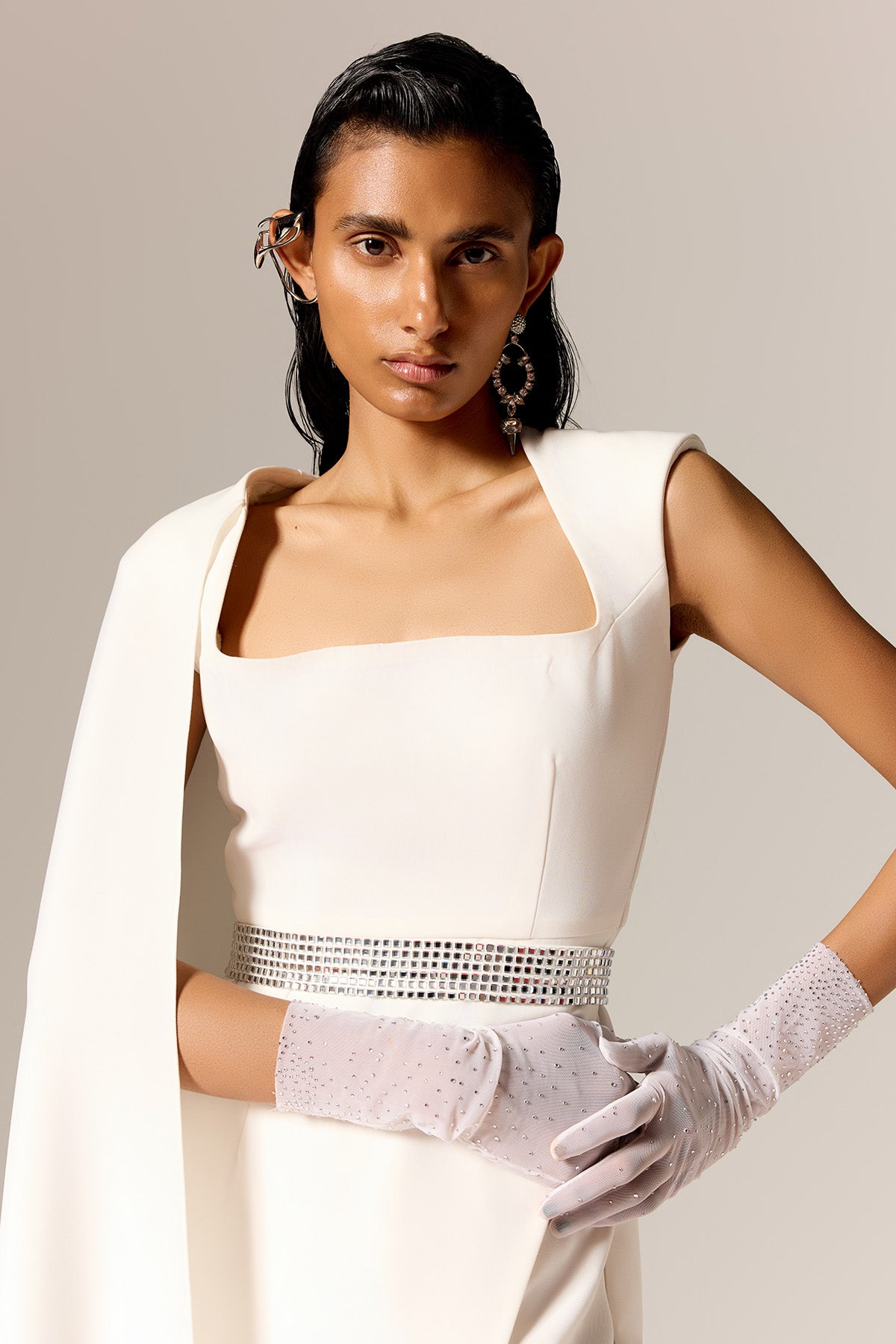 Ivory High Slit Cape Gown & Belt