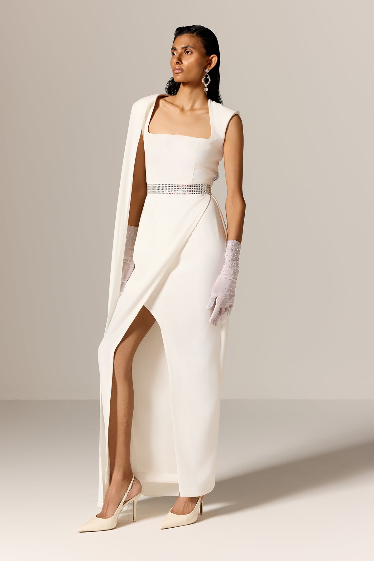 Ivory High Slit Cape Gown & Belt