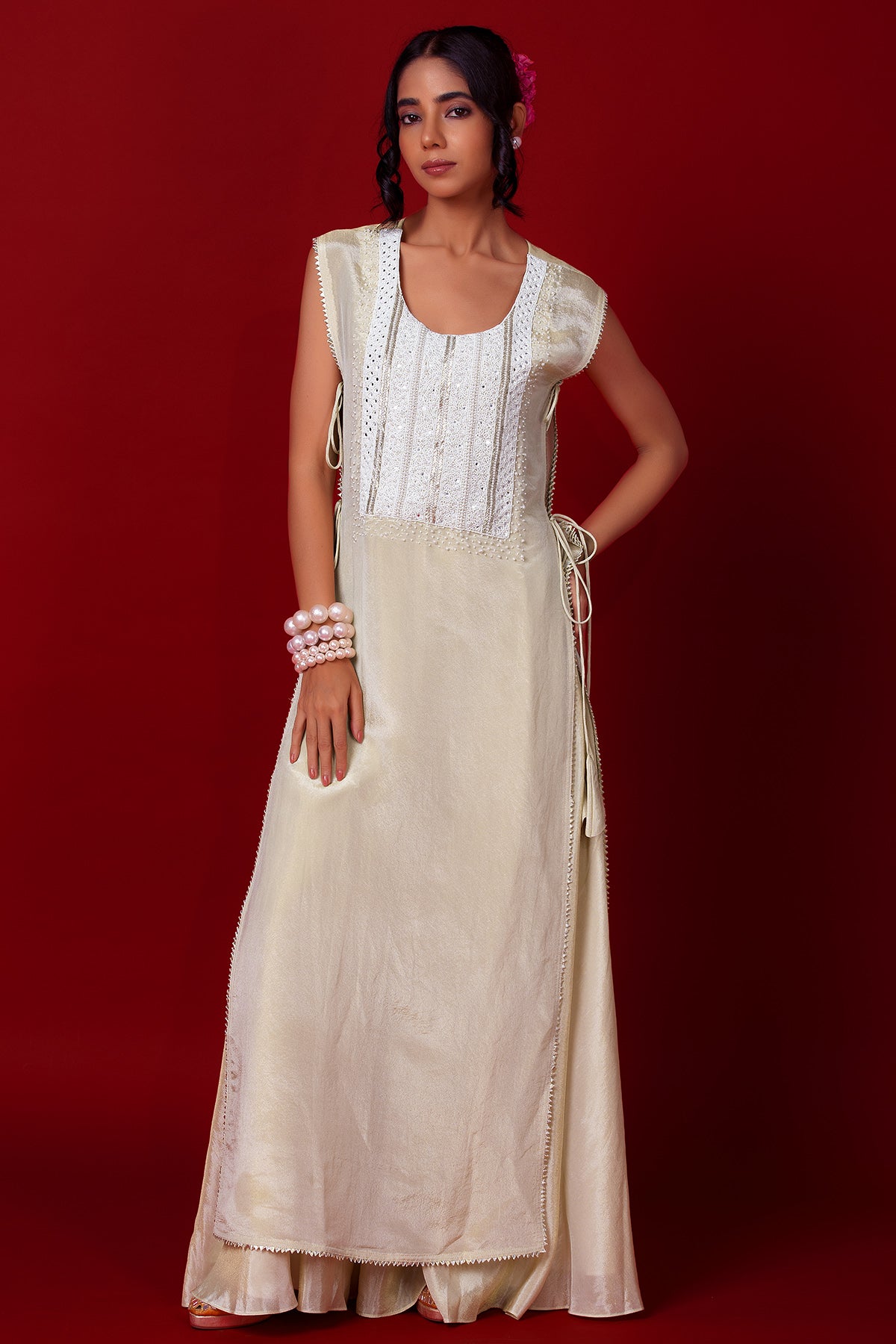 Buy Label Niyami Ivory Jacket Shimmer Kurta Set for women online available at ScrollnShops