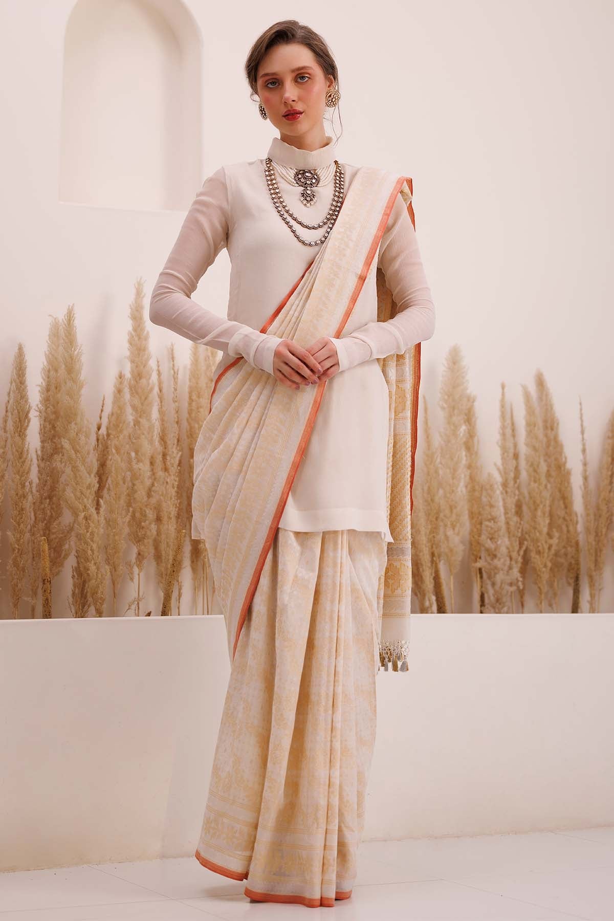 Chhaya Mehrotra Ivory Jamdani Saree & Blouse for women online at ScrollnShops