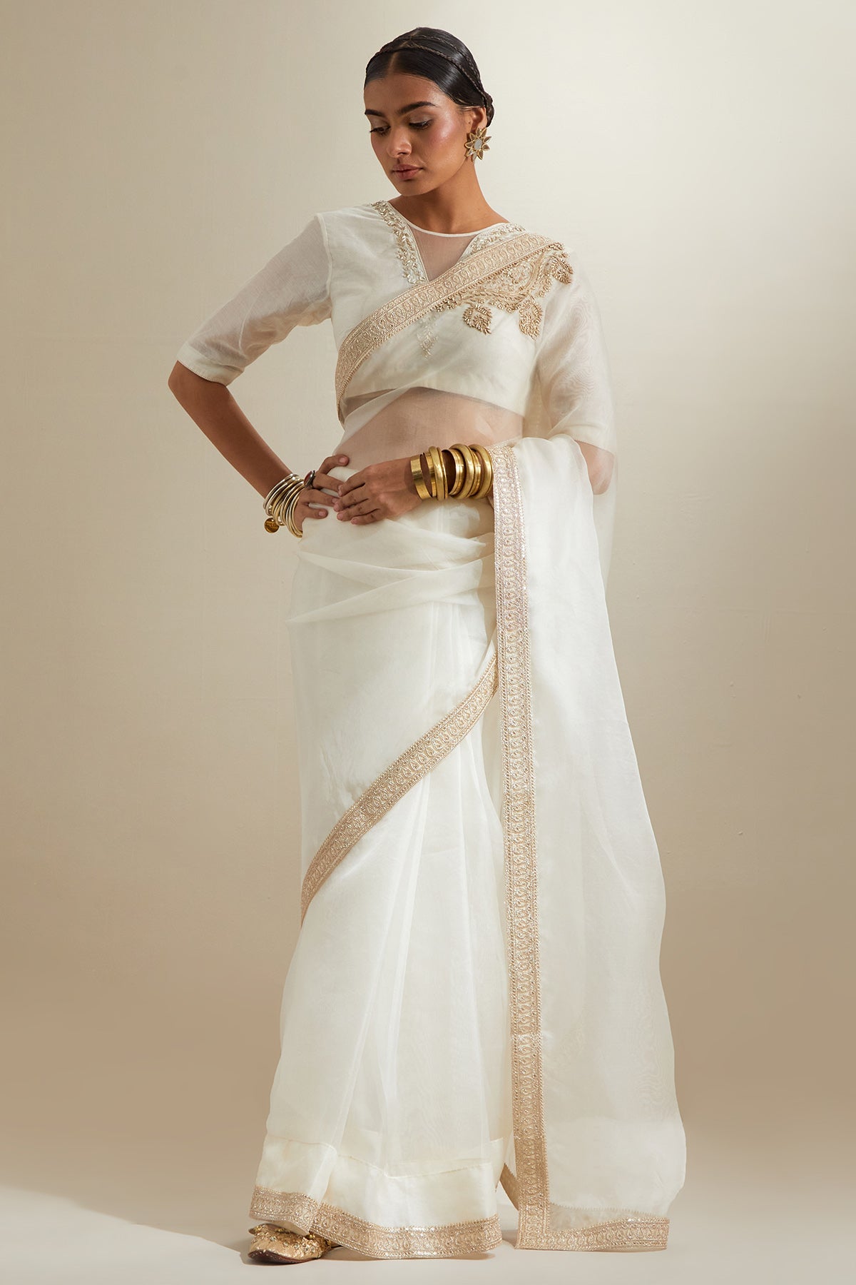 Buy Ivory Katan And Chanderi Saree for women by Vinusto online available at scrollnshops