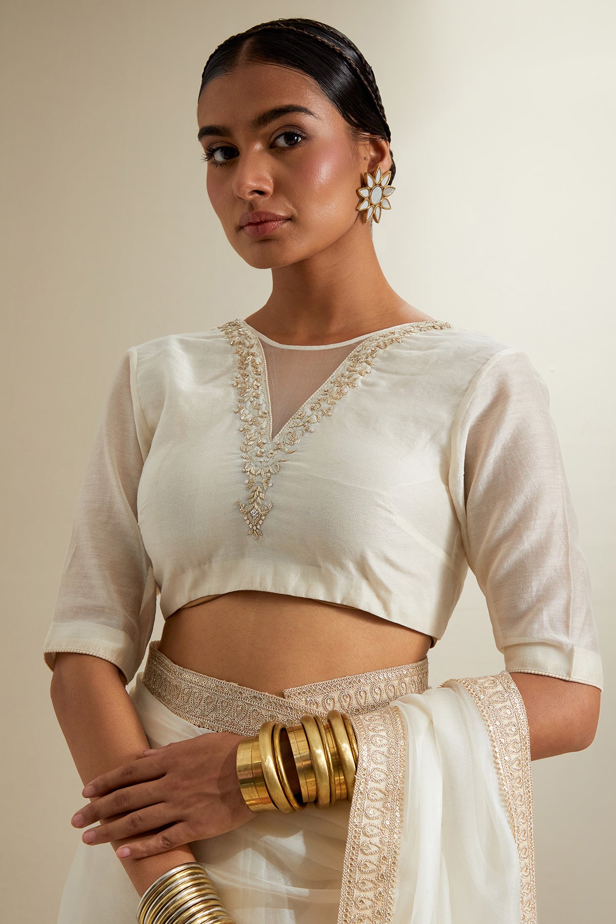 Ivory Katan And Chanderi Saree