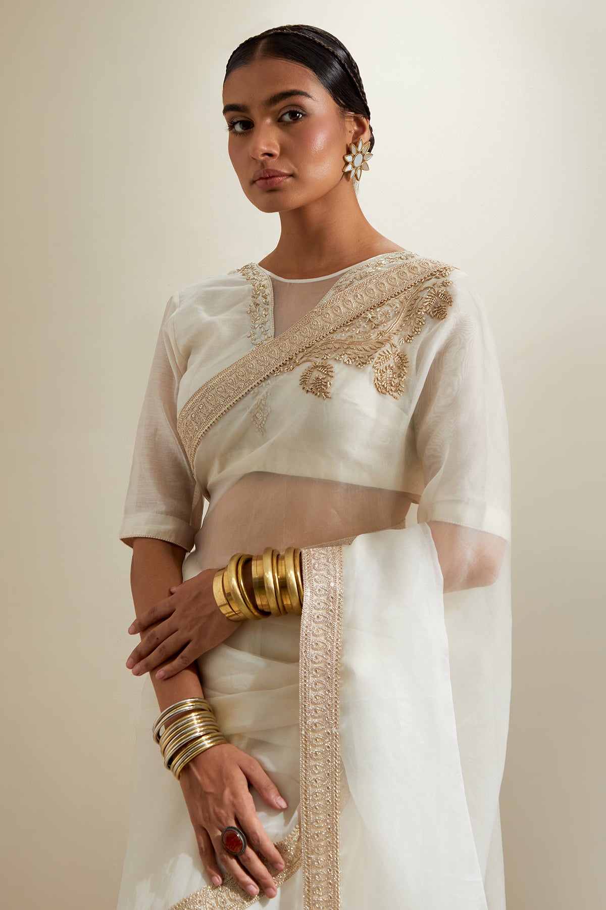 Ivory Katan And Chanderi Saree