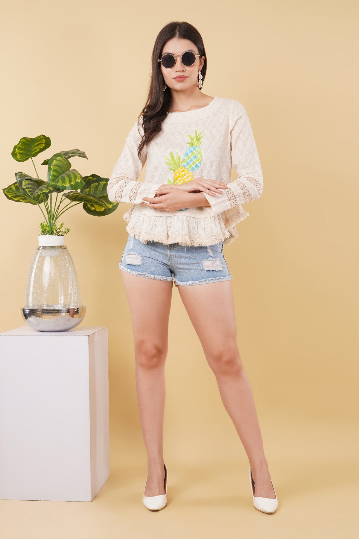 Buy Ivory Lace Applique Work Top by OSKOS for women online at ScrollnShops