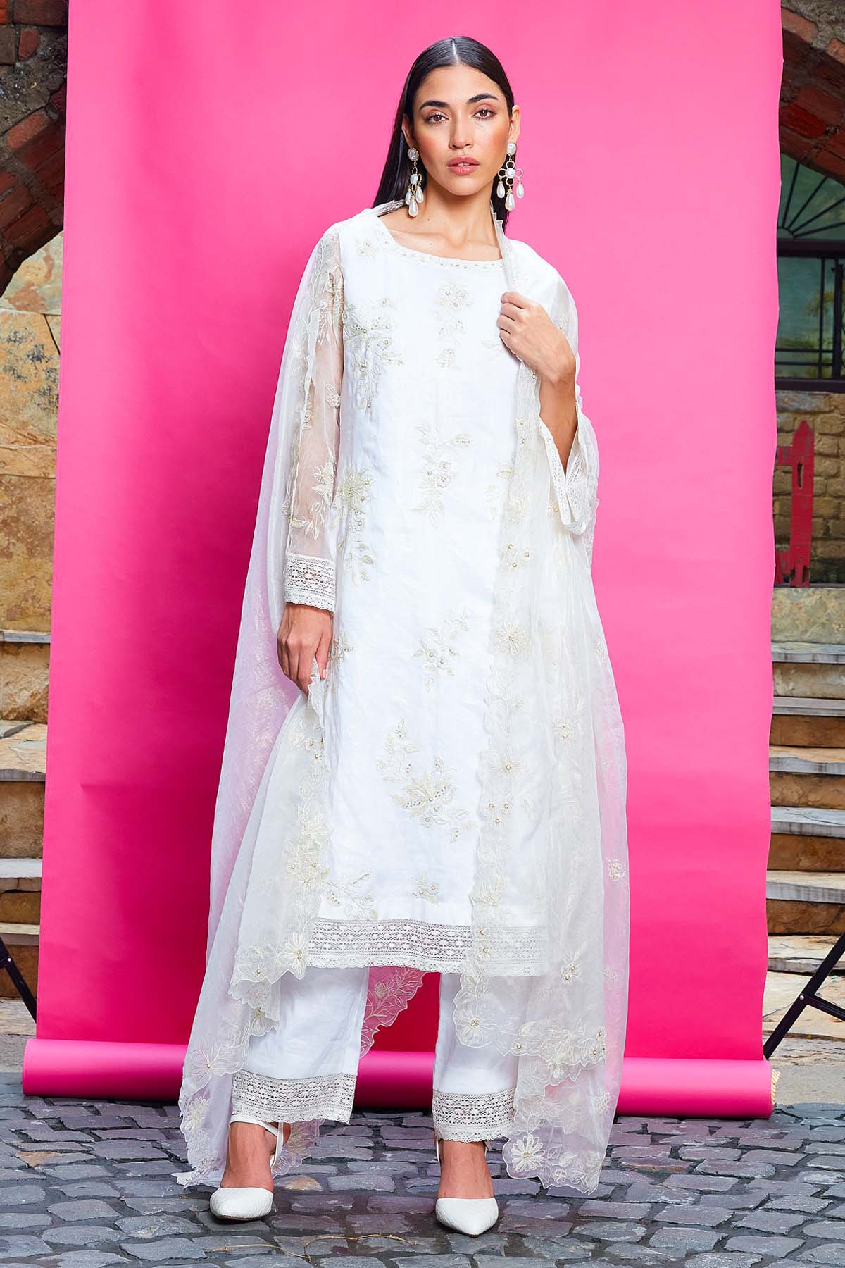 Priyanka Jain Ivory Lace Embroidered Kurta Set for women online at ScrollnShops