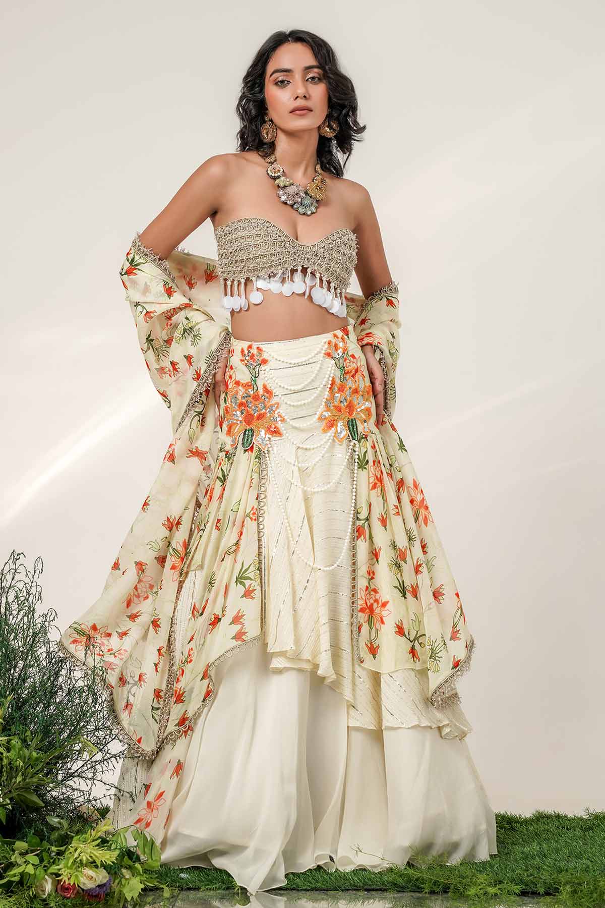 Buy Ivory Layer Printed Lehenga Set for women by Shwetanga online available at scrollnshops