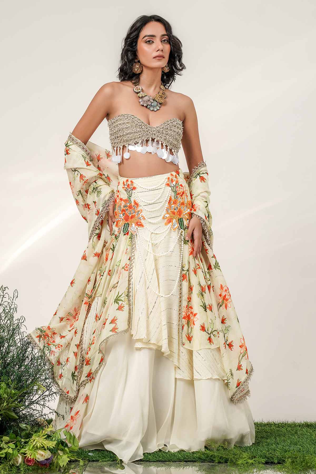 Ivory Layer Printed Lehenga Set