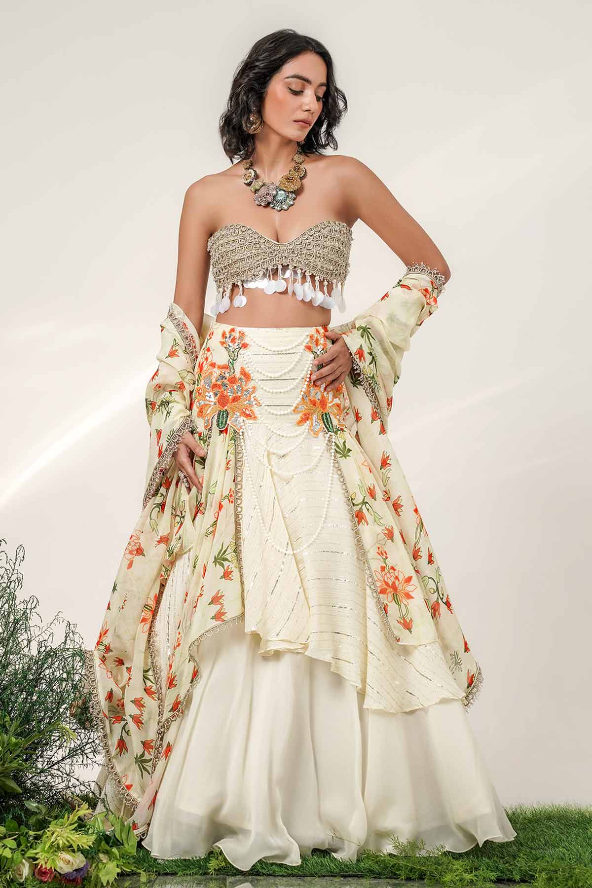 Ivory Layer Printed Lehenga Set
