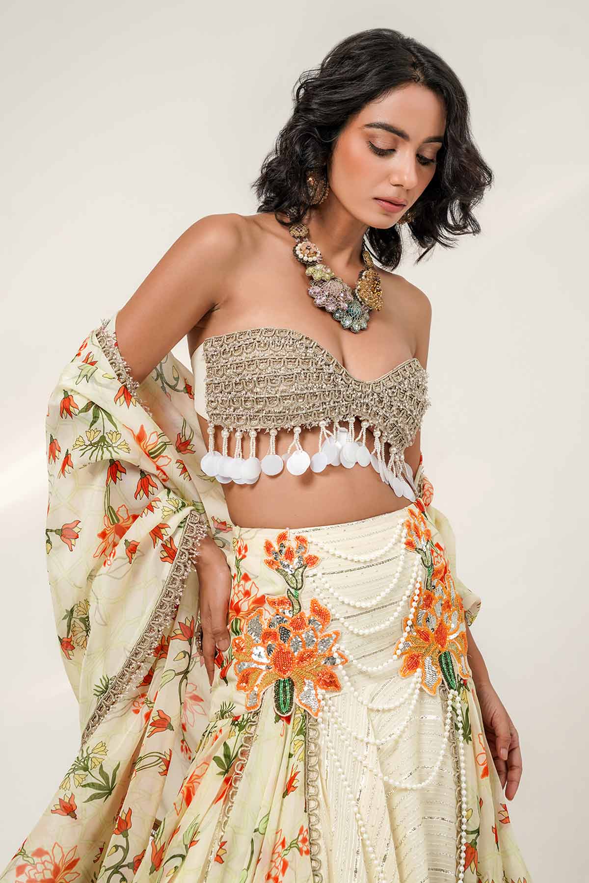 Ivory Layer Printed Lehenga Set