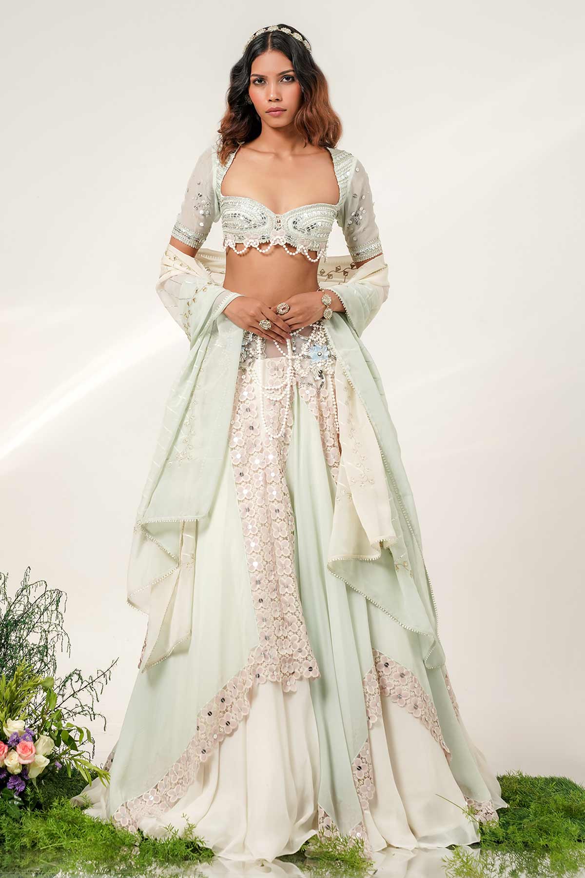 Buy Ivory Layer Scarff Lehenga Set for women by Shwetanga online available at scrollnshops