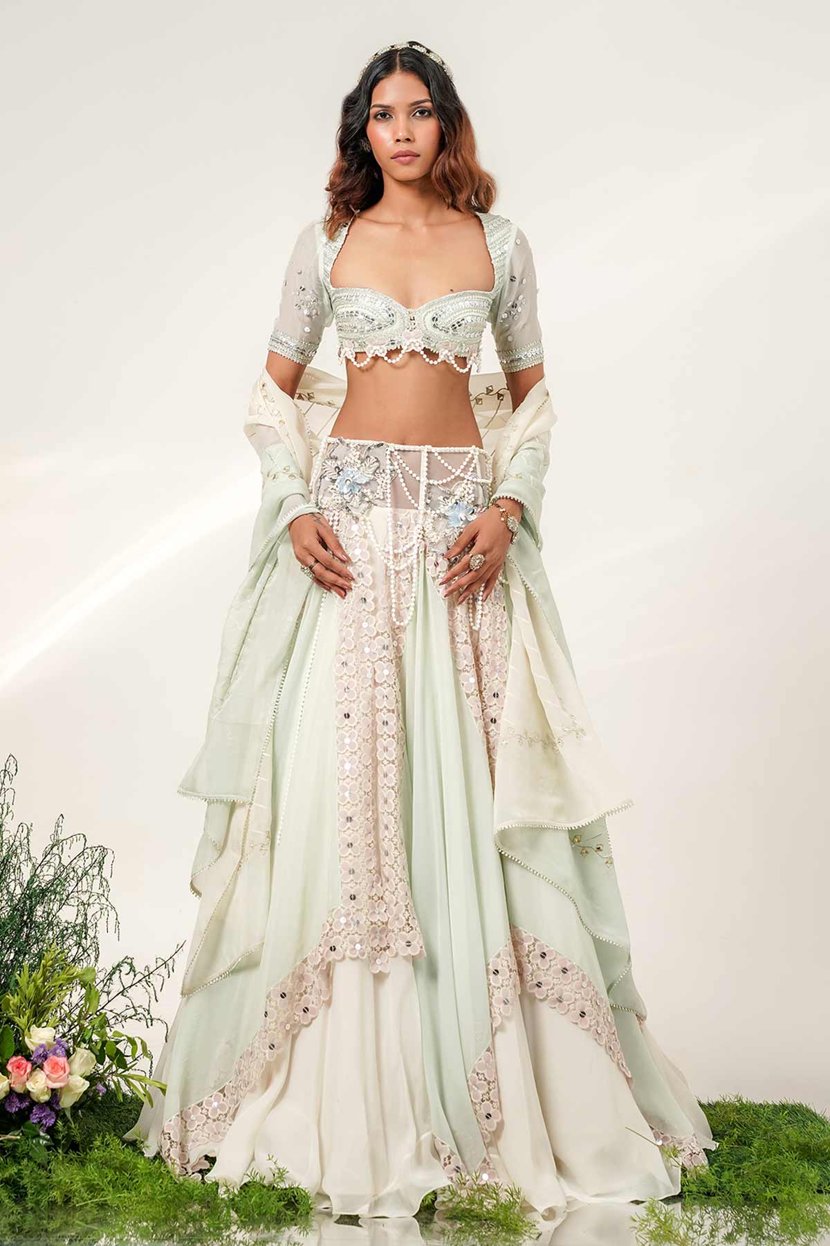 Ivory Layer Scarff Lehenga Set