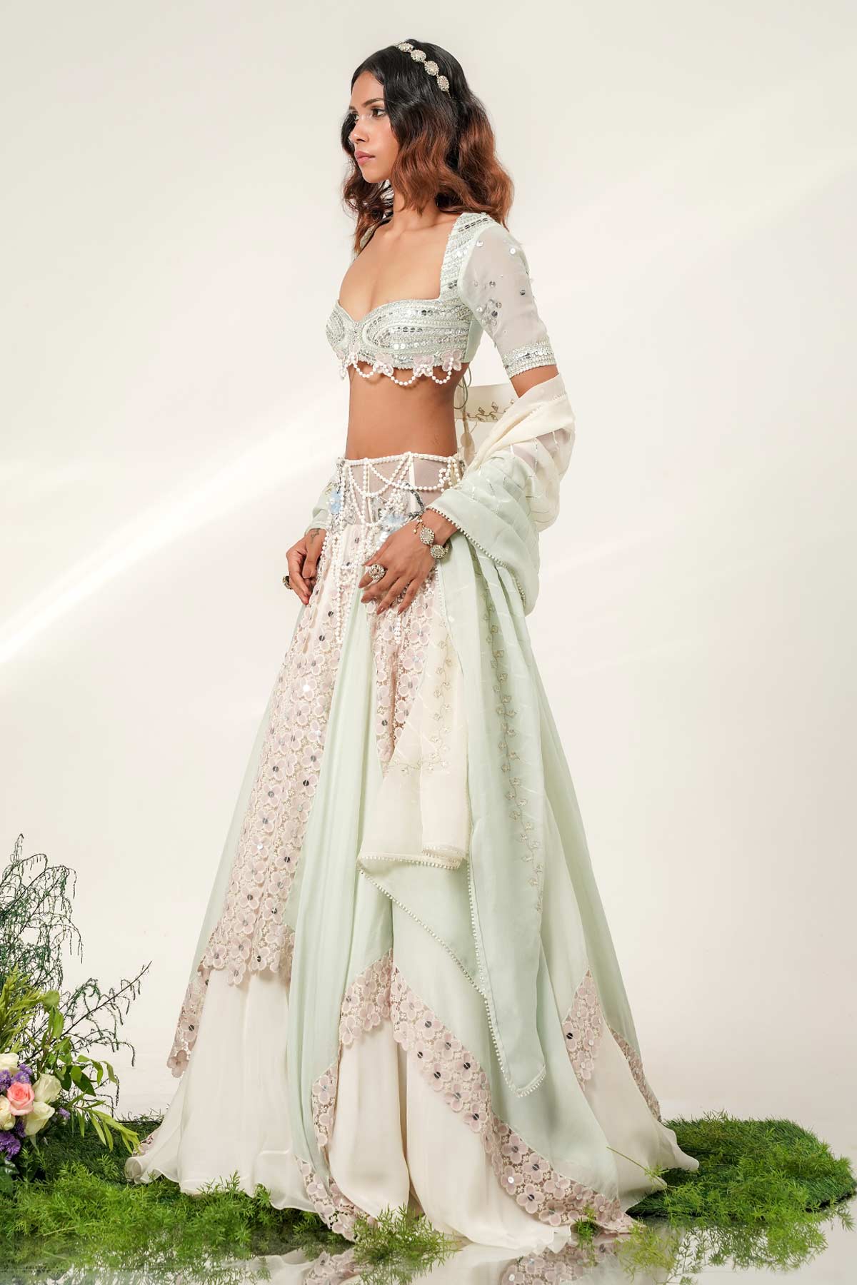 Ivory Layer Scarff Lehenga Set