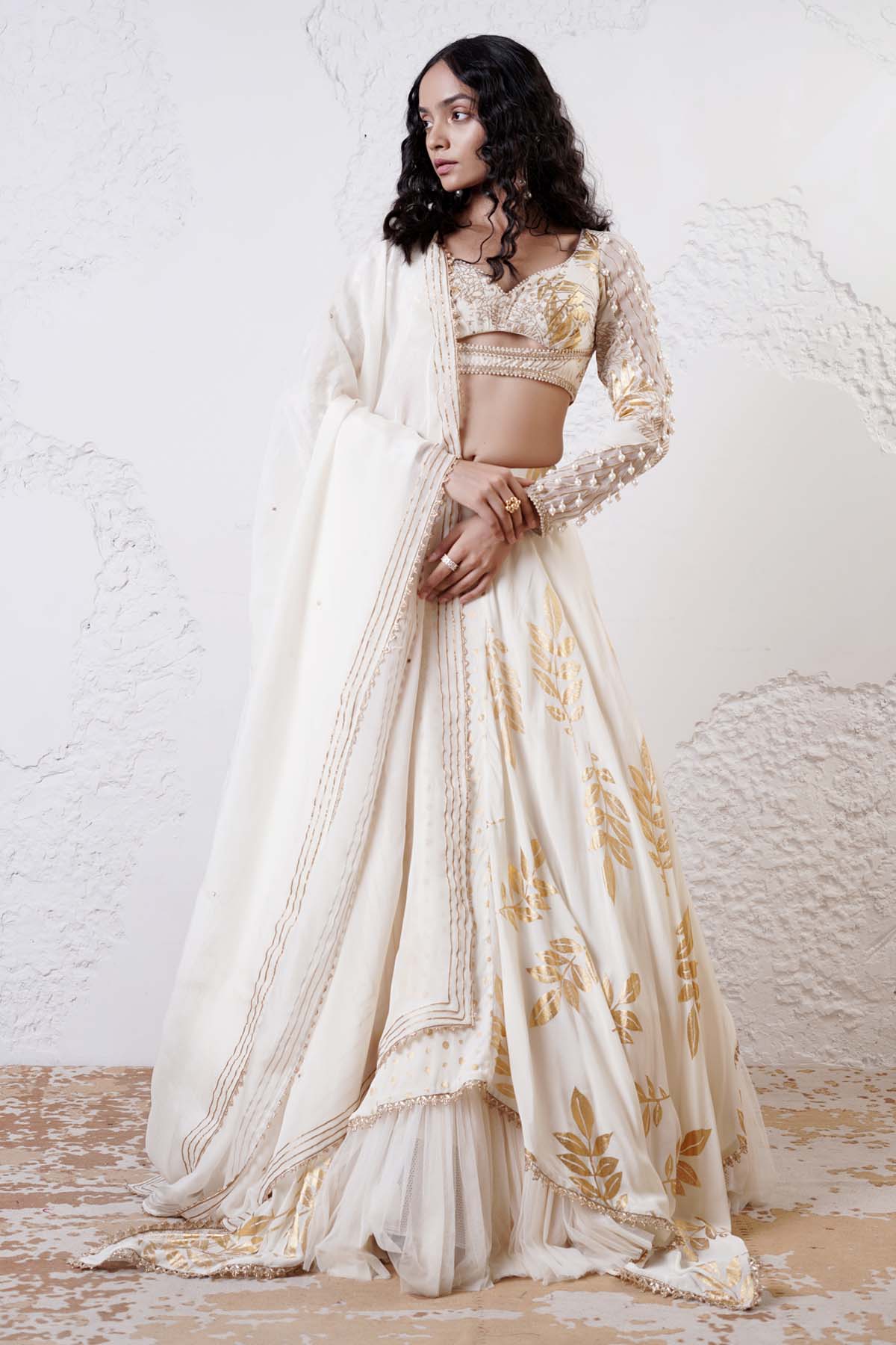 Shwetanga Ivory Layered Print Lehenga Set for women online at ScrollnShops