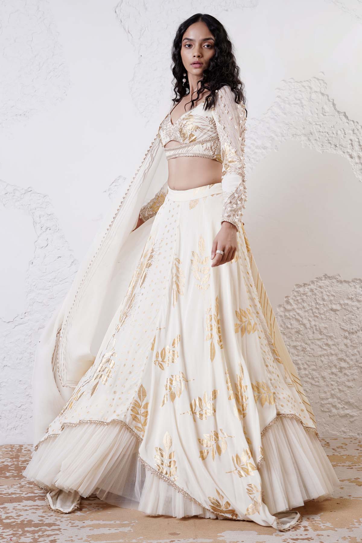 Ivory Layered Print Lehenga Set