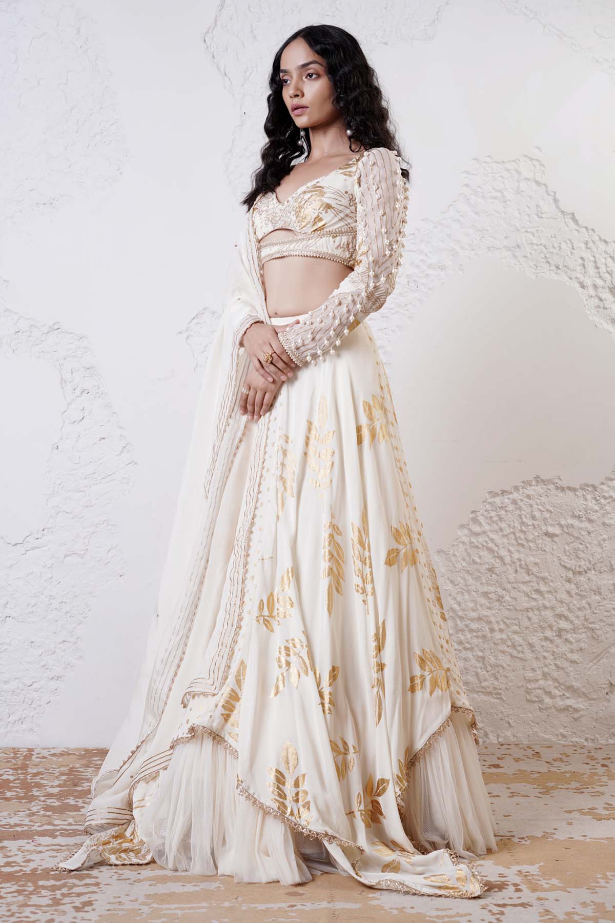 Ivory Layered Print Lehenga Set