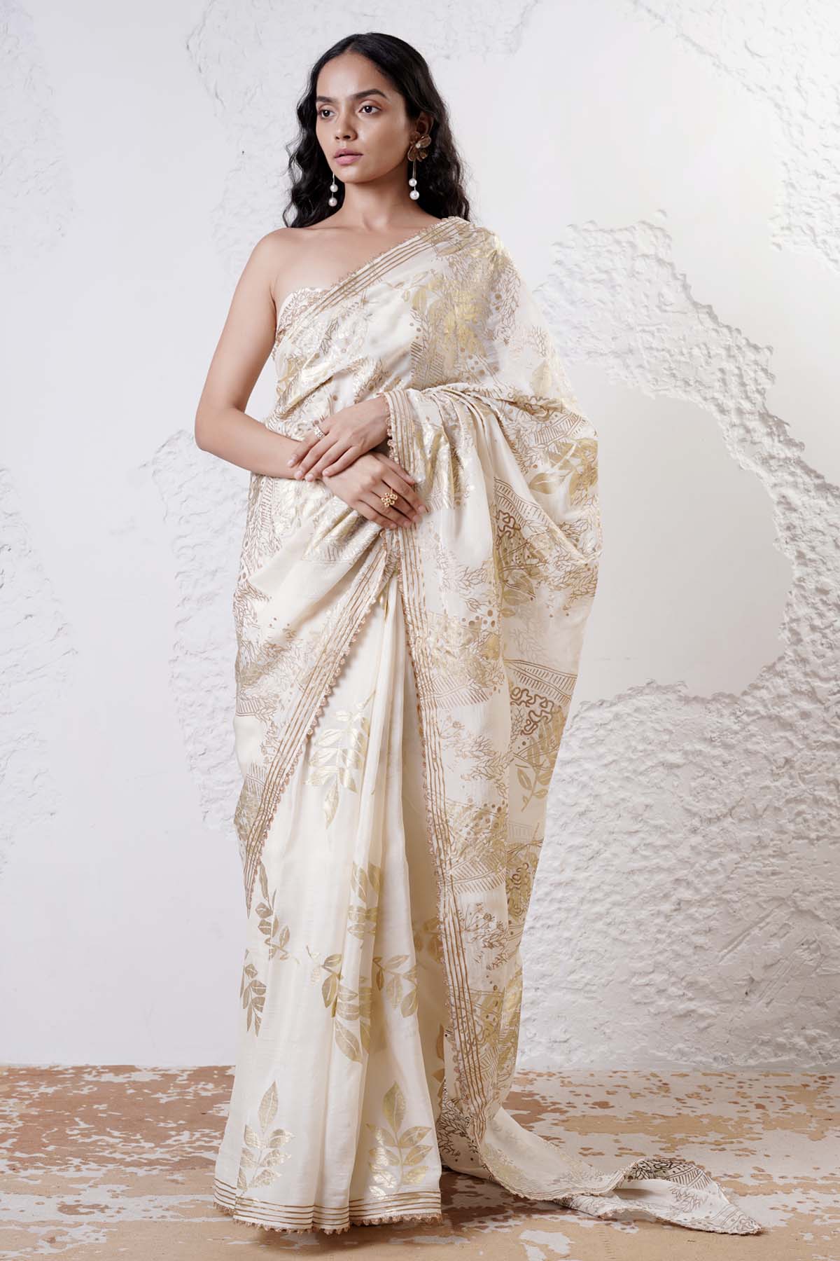 Shwetanga Ivory Leaf Print Saree & Blouse for women online at ScrollnShops