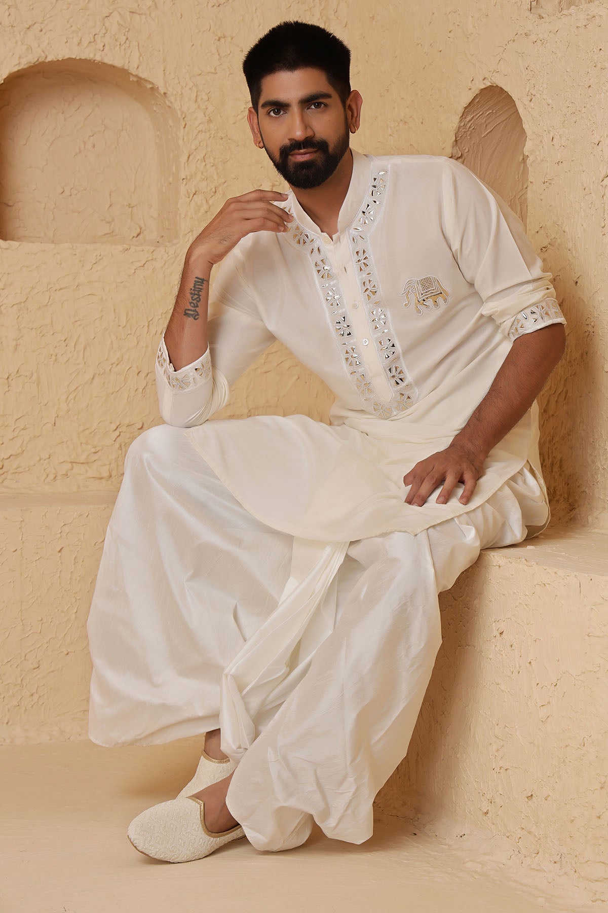 Ivory Leather Work Kurta Set