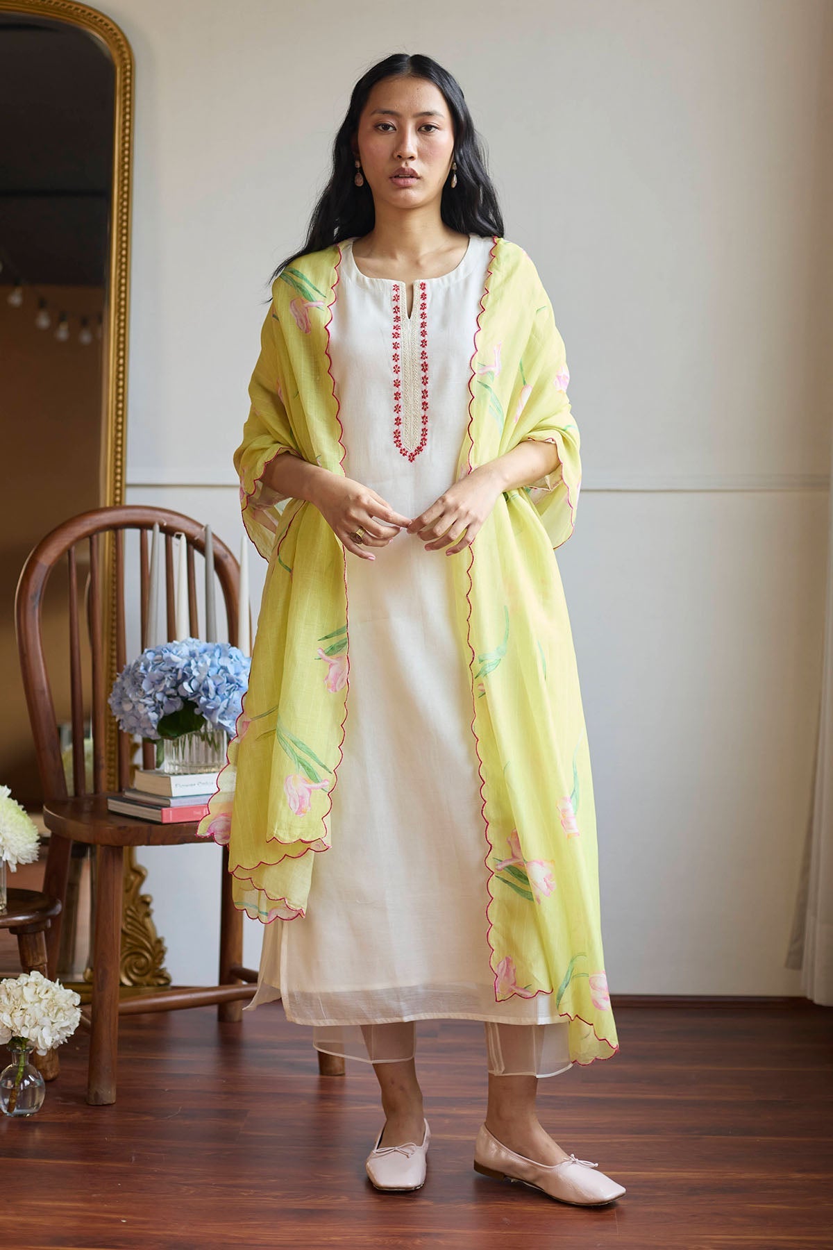 Buy Ivory Lime Chanderi Kurta Set by Juanita by Shubhda for women online at ScrollnShops